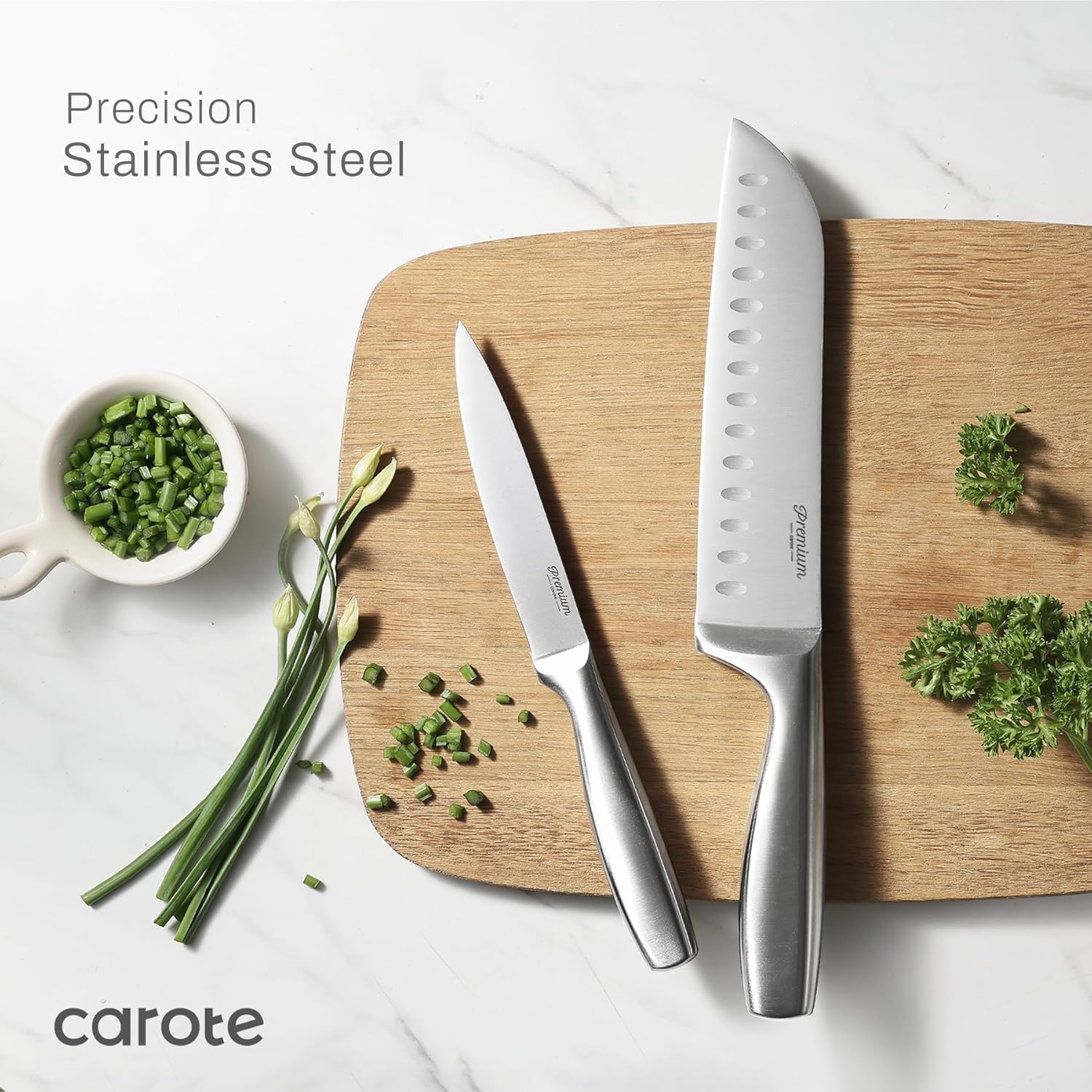 CAROTE 12-Piece Knife Set, All-Stainless Steel Knife Block Set, Kitchen Knives with Wooden Block, Razor-Sharp and Ergonomic, Dishwasher Safe