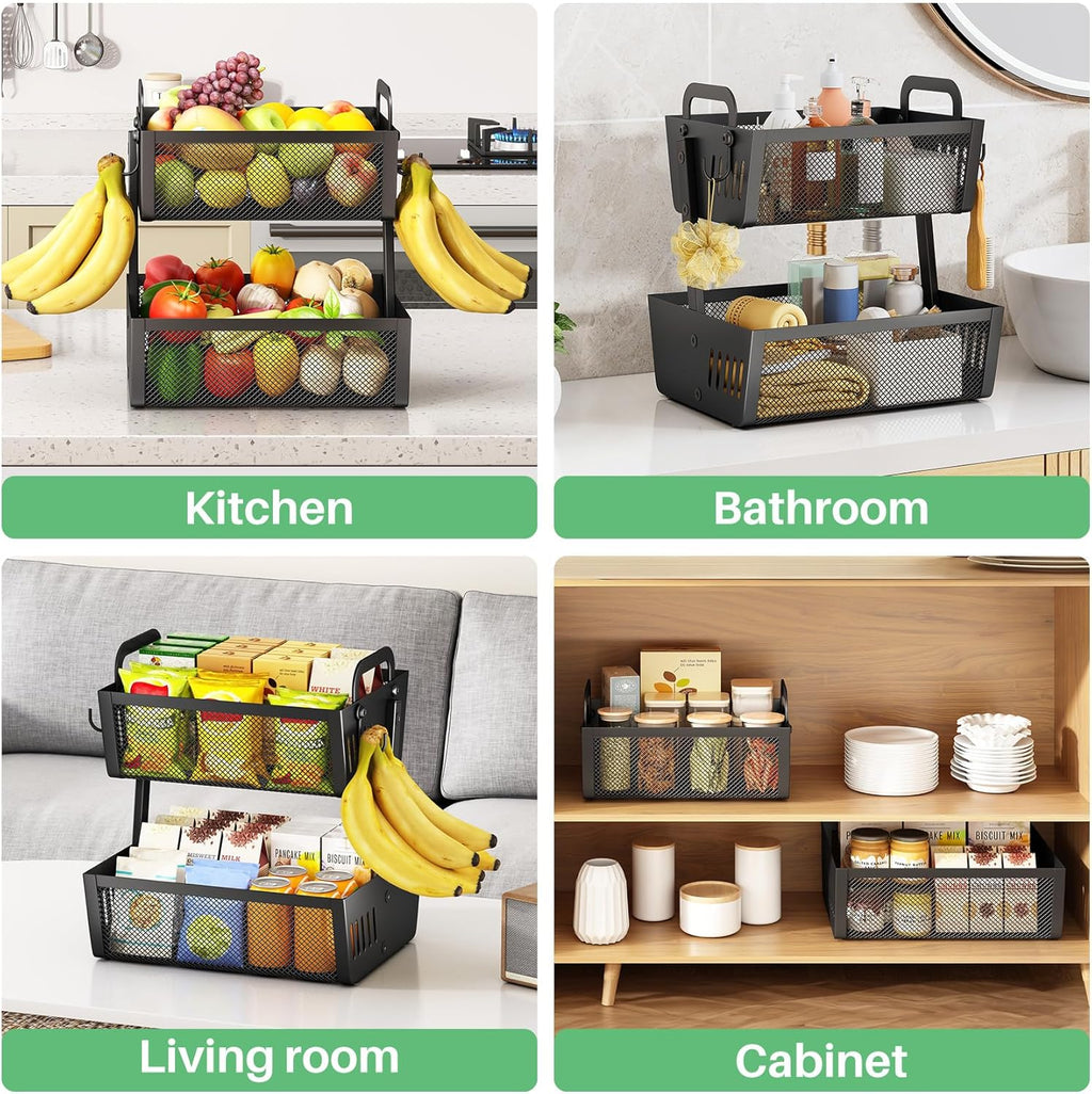 SAYZH Fruit Basket Bowls For Kitchen Counter with Banana Hangers - Detachable Metal Mesh Basket Fruit Stand with Handle - Kitchen Vegetables Bread Snacks Storage Organization, 2 Tier Black