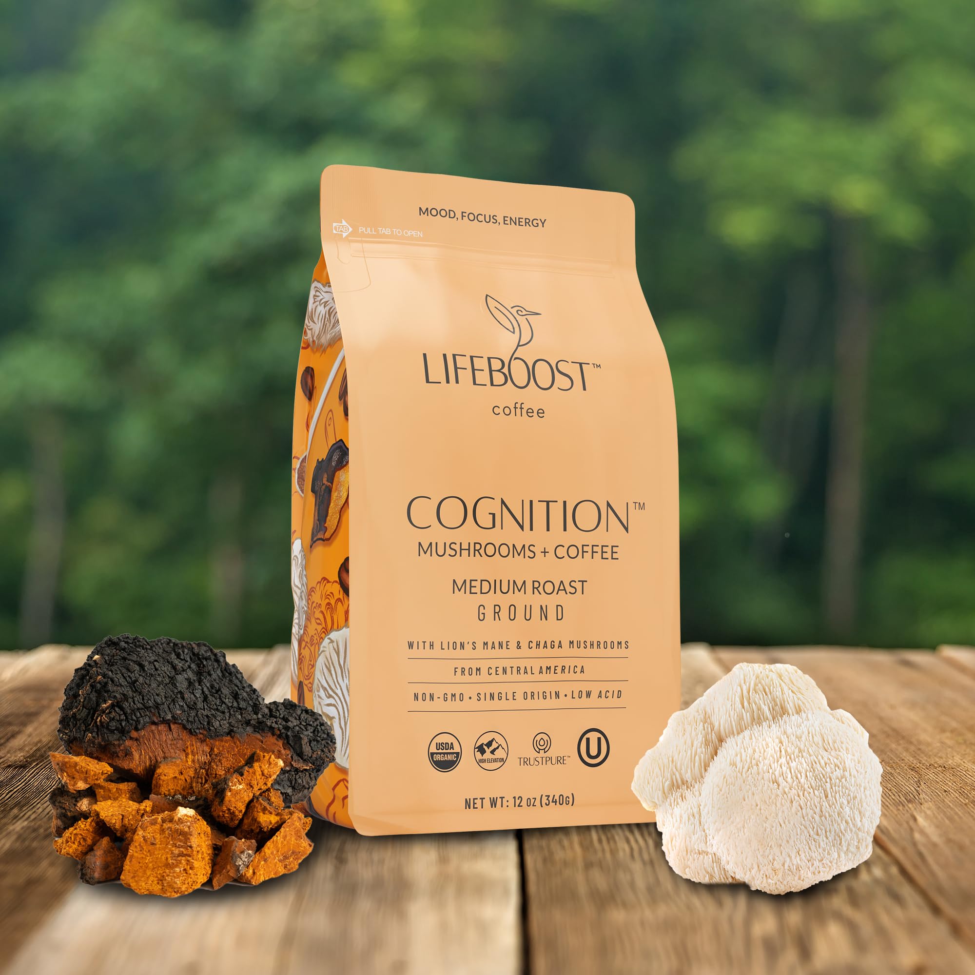 Lifeboost Cognition Adaptogenic Mushroom Coffee - Great Tasting Organic Lions Mane & Chaga Medium Roast Nootropic Coffee - Increase Energy, Boost Focus & Immune Support - 12 oz Bag - Ground