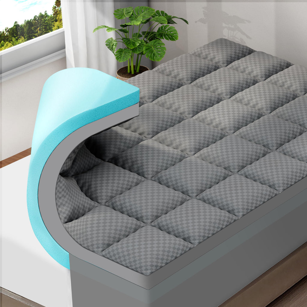 OLANLY Dual-Layer 4 Inch Queen Size Memory Foam Mattress Topper for Back Pain, 2 Inch Cooling Pillow Top Mattress Pad Cover and 2 Inch Gel Memory Foam Topper, Deep Elastic Pocket, Grey