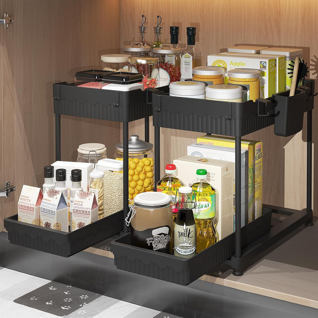 Under Sink Organizer, 2 Tier Sliding Bathroom Cabinet Organizer and Storage，Multi-purpose Under Kitchen Sink Oragnizers and Storage (Black 2Pack)