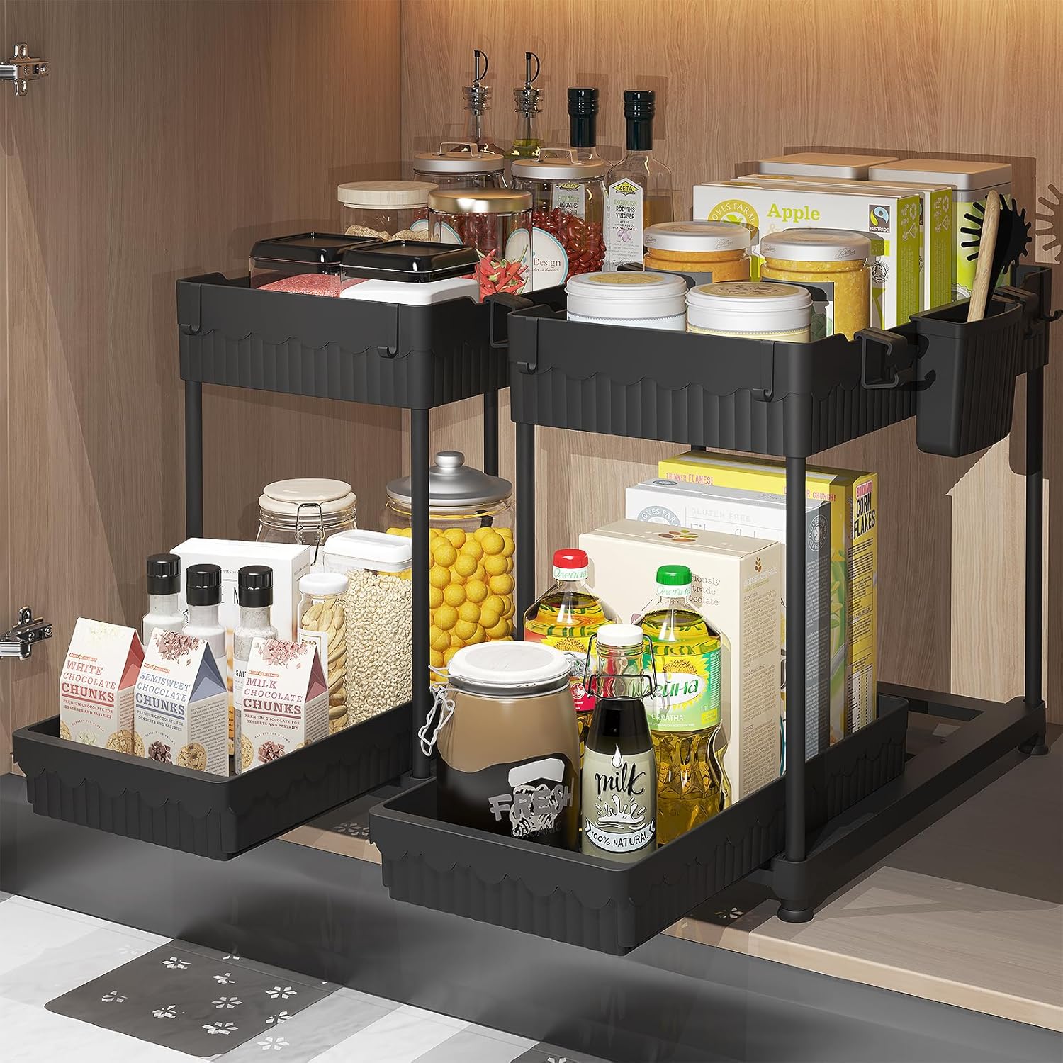 Under Sink Organizer, 2 Tier Sliding Bathroom Cabinet Organizer and Storage，Multi-purpose Under Kitchen Sink Oragnizers and Storage (Black 2Pack)