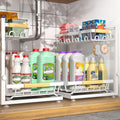 2 Packs Under Sink Organizer, Height Adjustable 2 Tier Under Kitchen sink organizer, Multi-Purpose Storage Shelf for Kitchen Bathroom Cabinet (White, Large)