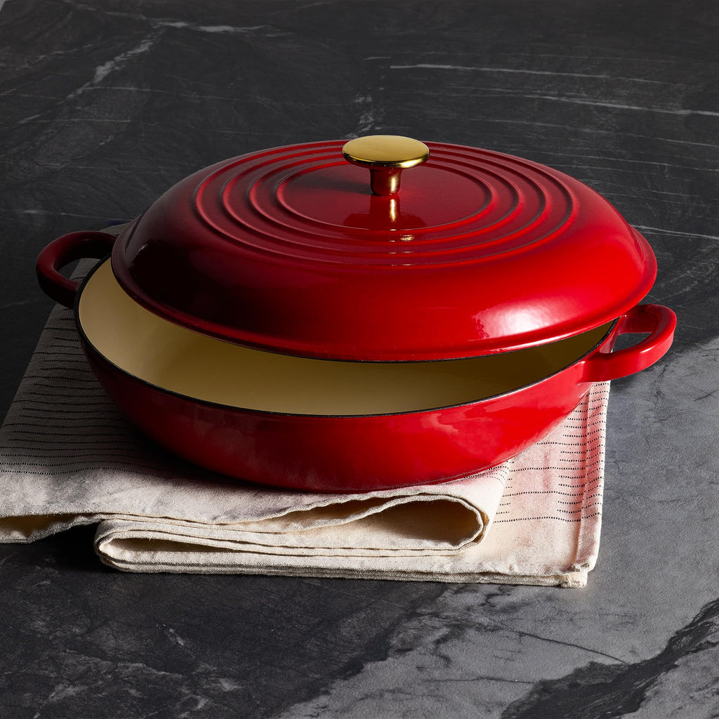 CAROTE 3.4QT Enameled Cast Iron Braiser Pan, Shallow Dutch Oven Casserole Skillets, Non-Toxic Cast Iron Pot with Lid for Grilling, Searing, Baking, Dual Handles, All Stovetop Compatible, White