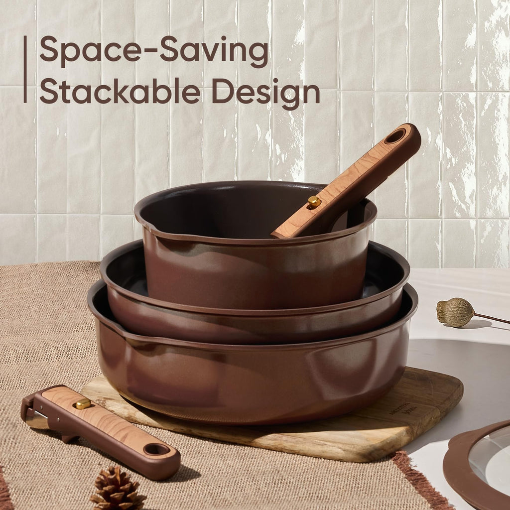 CAROTE 19PCS Ceramic Nonstick Cookware Set, Pots and Pans Set with Detachable Handle, PFAS-Free Non-Toxic, Induction & Oven Safe, Stackable Space-Saving, Dark Choco