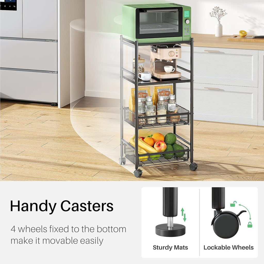 SAYZH Kitchen Microwave Stand Shelf - 4 Tiers Metal Bakers Rack with Casters, Coffee Bar Station with Storage, Black
