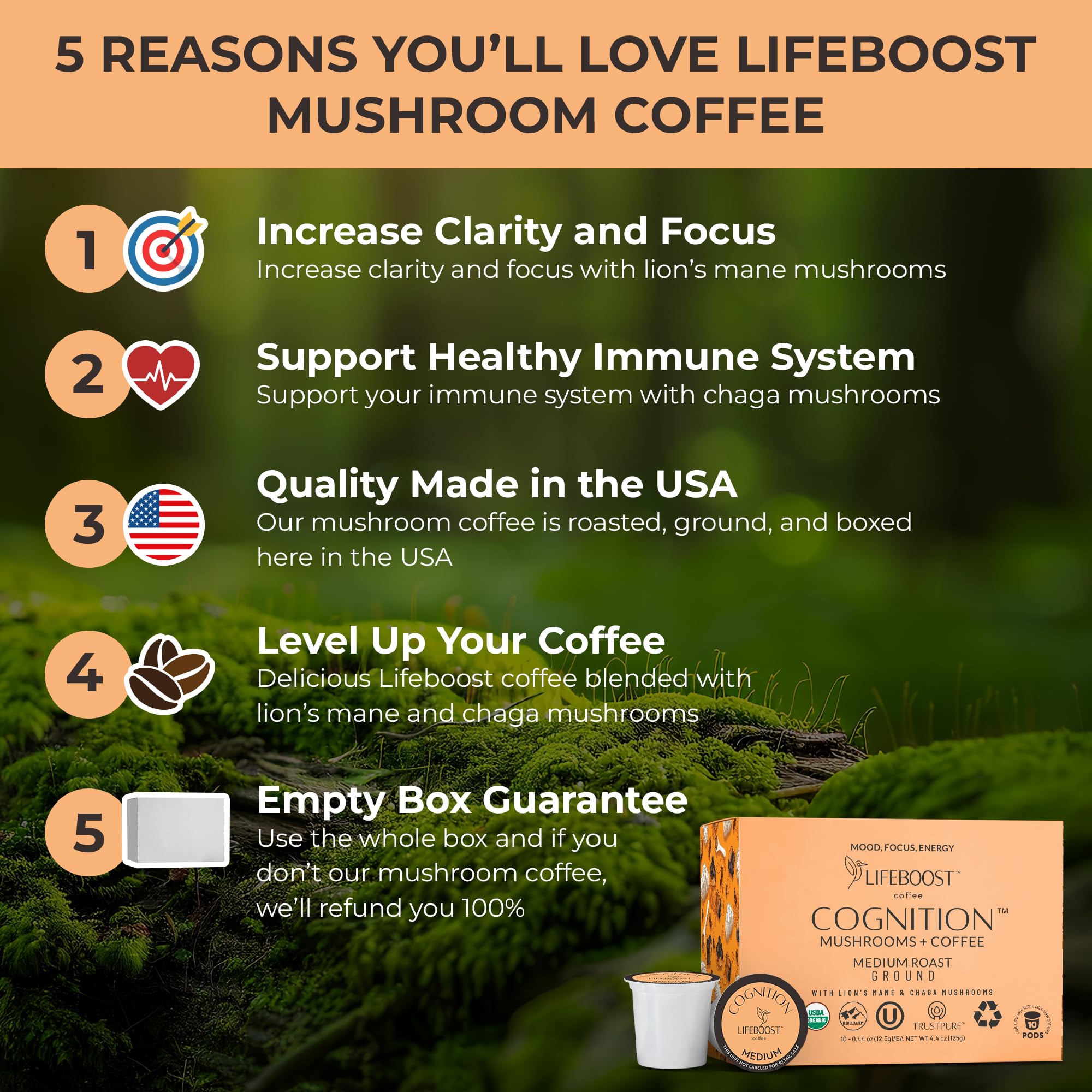 Lifeboost Medium Roast Low Acid Coffee K Cups - Single Origin Mold Free Non-GMO Organic Coffee Pods - Compatible with Keurig & Keurig 2 Machines - 10 Count