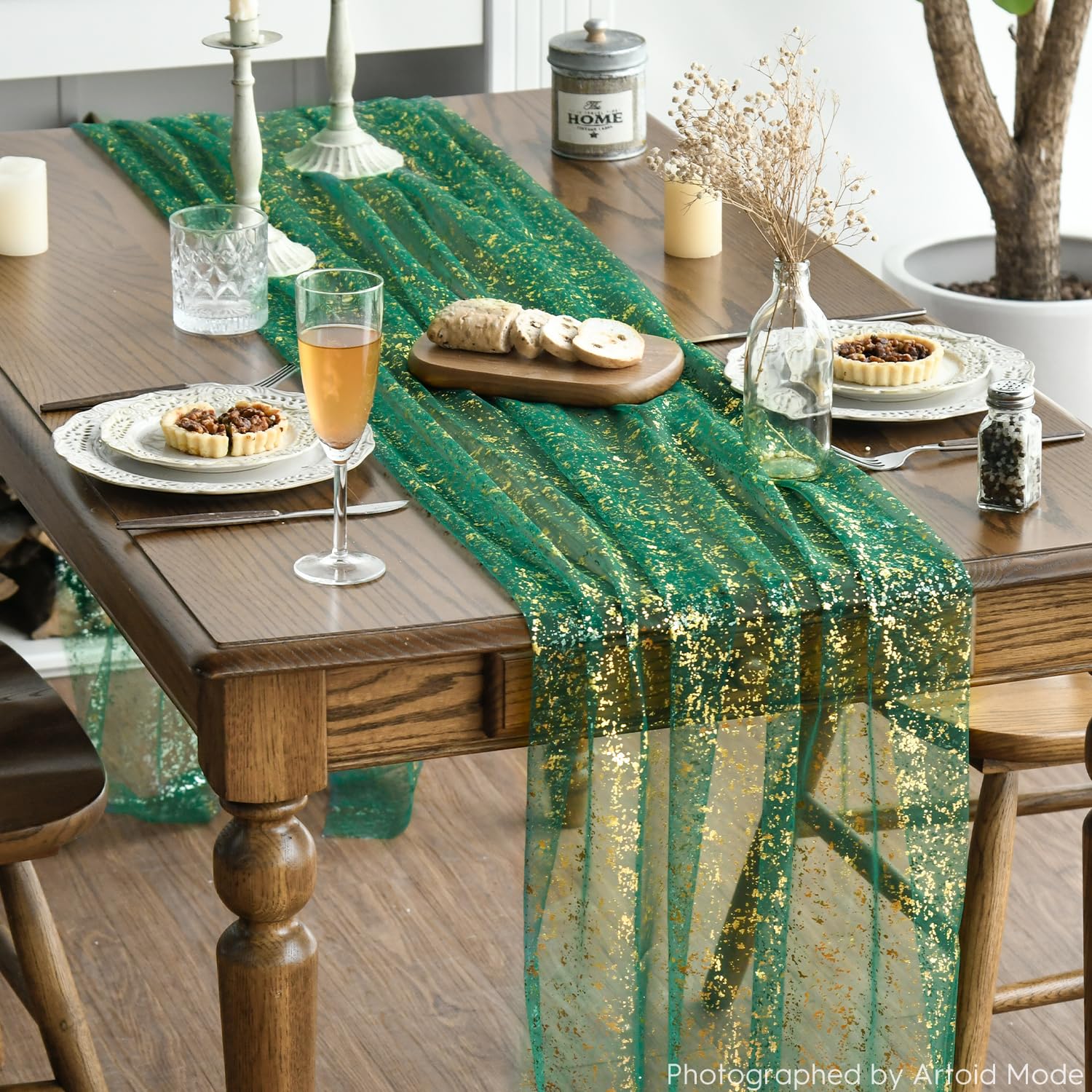 Artoid Mode Beige Gold Gauze Table Runner 120 Inch 10FT, Glitter Metallic Foil Sheer Dining Wedding Anniversary Holiday Birthday Table Decor for Home Party