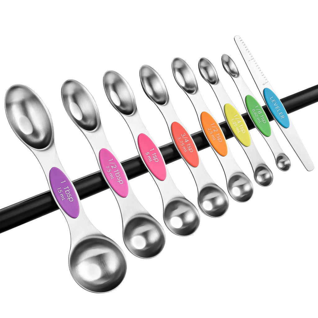 Spring Chef Stainless Steel Magnetic Measuring Spoons Set with Strong N45 Magnets, Heavy Duty Metal Kitchen Gadgets for Baking & Cooking, Fits in Most Kitchen Spice Jars, Set of 8 with Leveler, Black