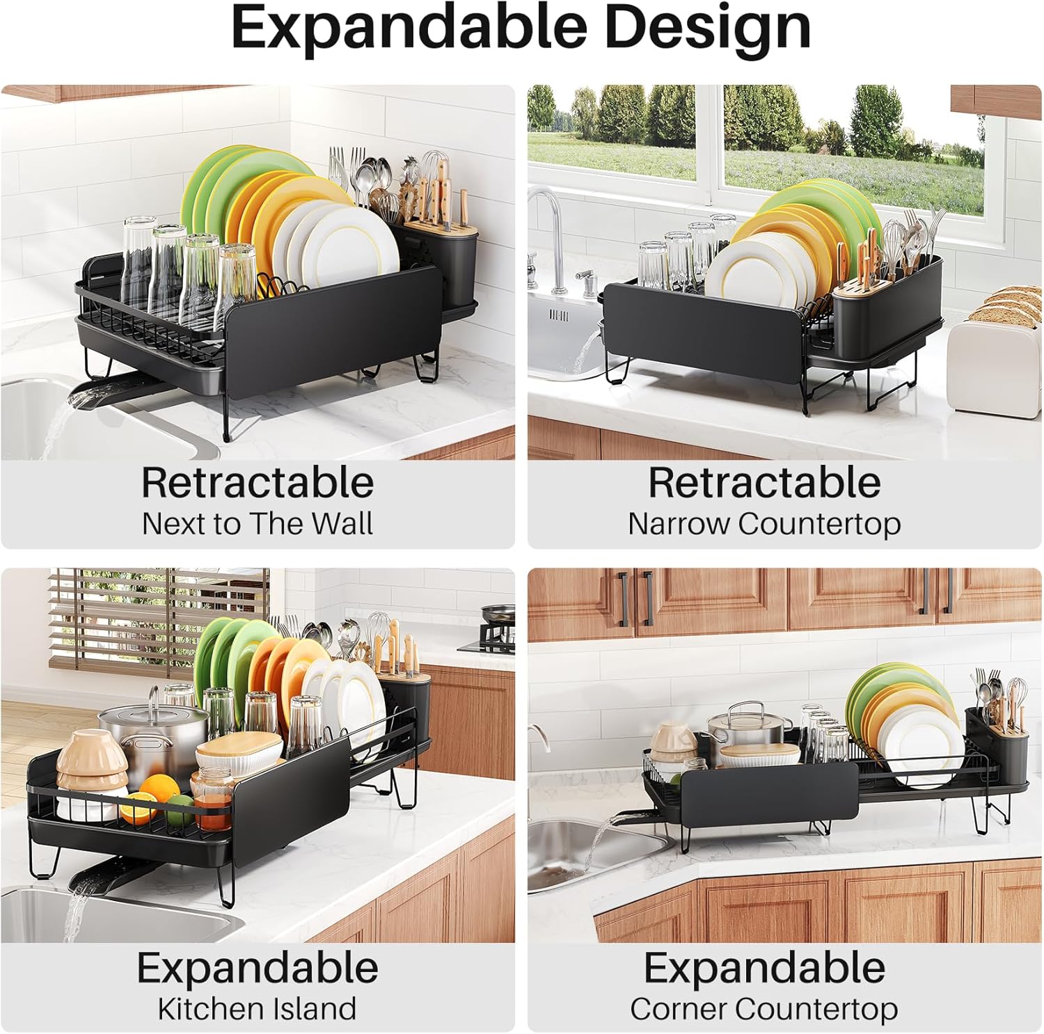 SNTD Dish Drying Rack - Large Dish Racks for Kitchen Counter, Expandable Dish Drainers with Cutlery Holder Stainless Steel Rustproof, Black