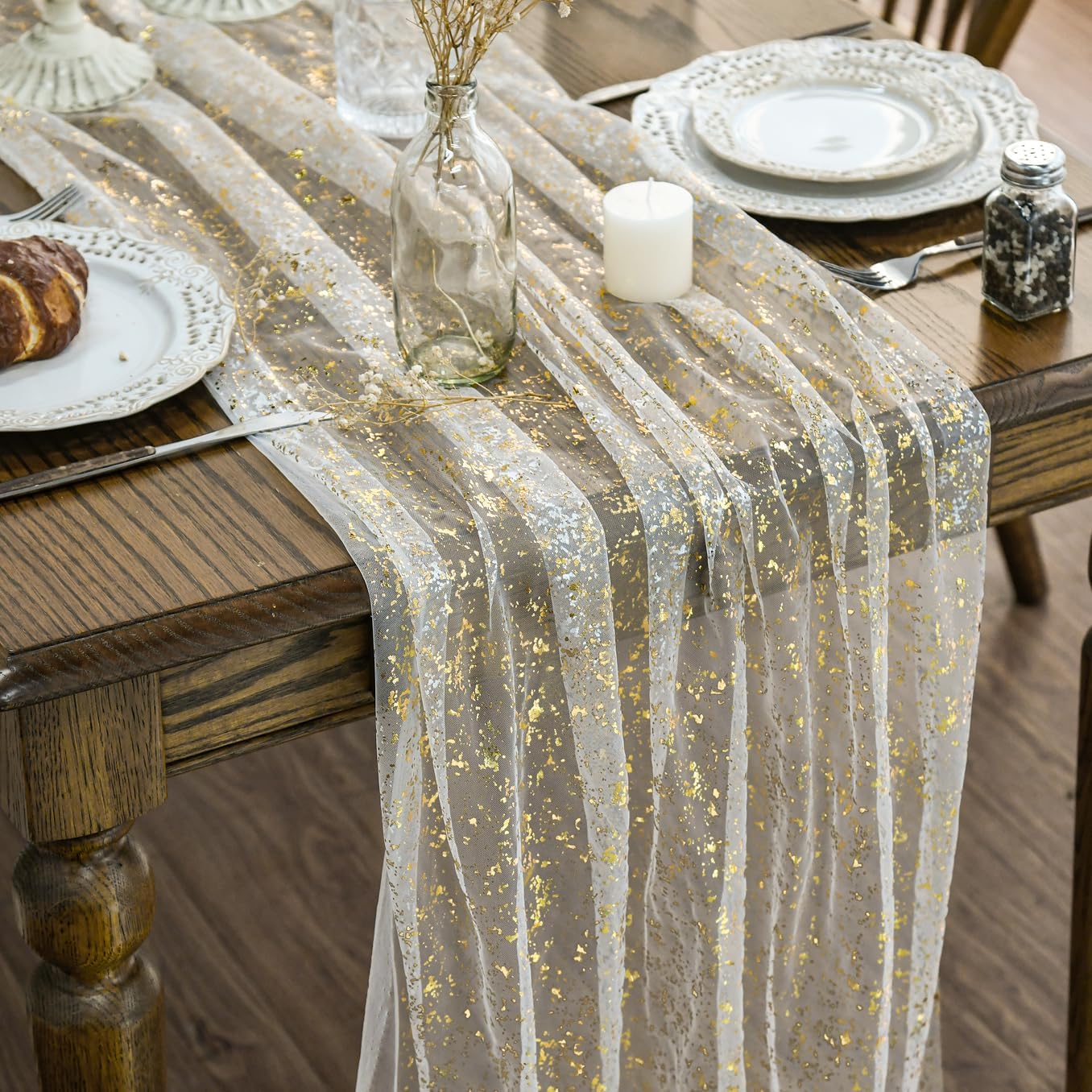Artoid Mode Beige Gold Gauze Table Runner 120 Inch 10FT, Glitter Metallic Foil Sheer Dining Wedding Anniversary Holiday Birthday Table Decor for Home Party