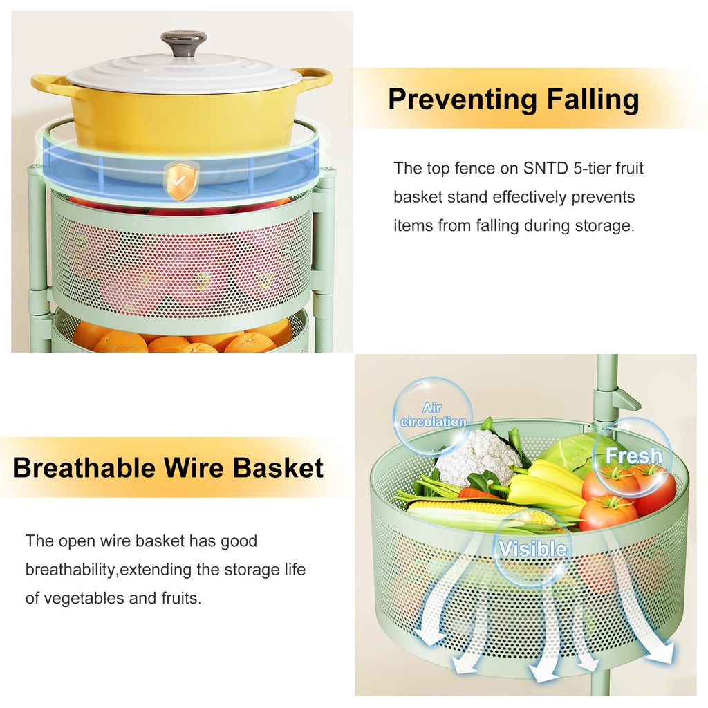 SNTD Fruit and Vegetable Basket Bowls for Kitchen with Metal Top Lid, 5 Tier Rotating Storage Rack Cart for Potato Onion Bread Banana, Wire Basket Organizer on Wheels, Large, Black