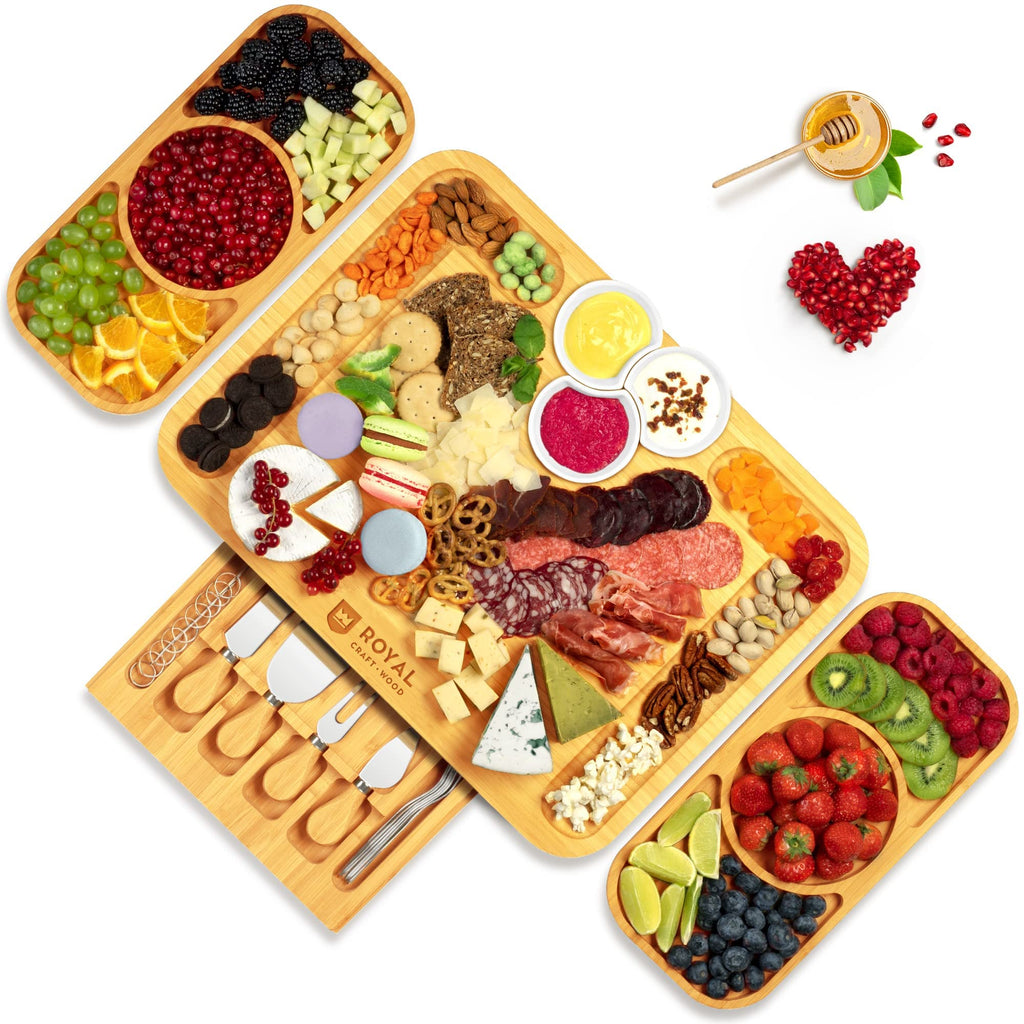 ROYAL CRAFT WOOD Premium Bamboo Charcuterie Board Set - Cheese Platter & Serving Tray & Serving Utensils - Perfect Housewarming Gift, Wedding, Bridal Shower Gift - Ideal for Entertaining and New Home