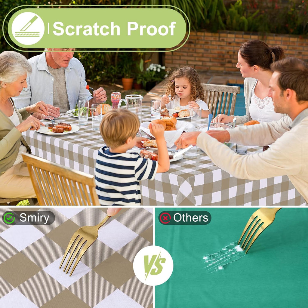 Smiry Rectangle Table Cloth, Waterproof Vinyl Tablecloths with Flannel Backing, Wipeable Buffalo Plaid Table Cover for Dining, Indoor and Outdoor (Khaki & White, 60"x84")