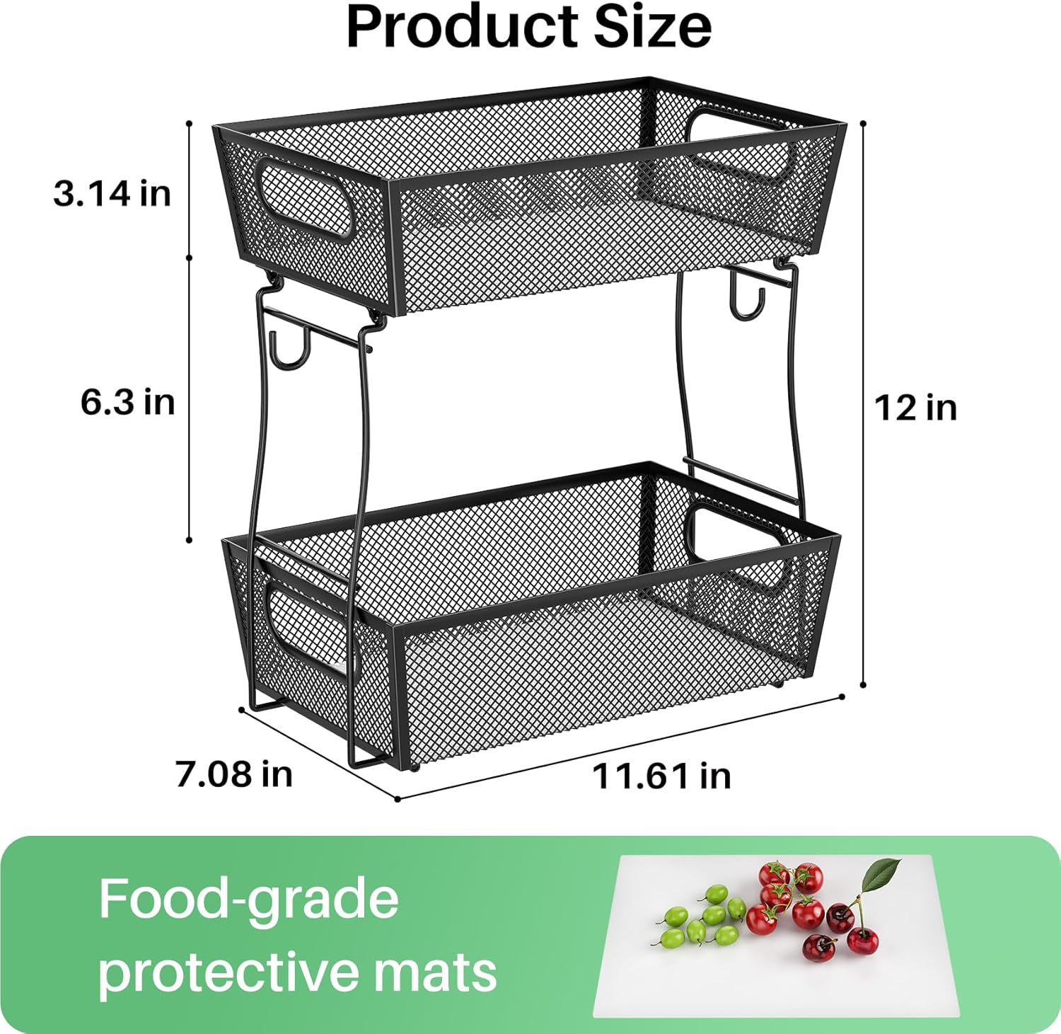 2 Tier Fruit Basket Bowl for Kitchen Counter with 2 Banana Hangers, Countertop Metal Mesh Basket Stand Fruit Holder for Veggies Onion Potato Bread Snack, Black