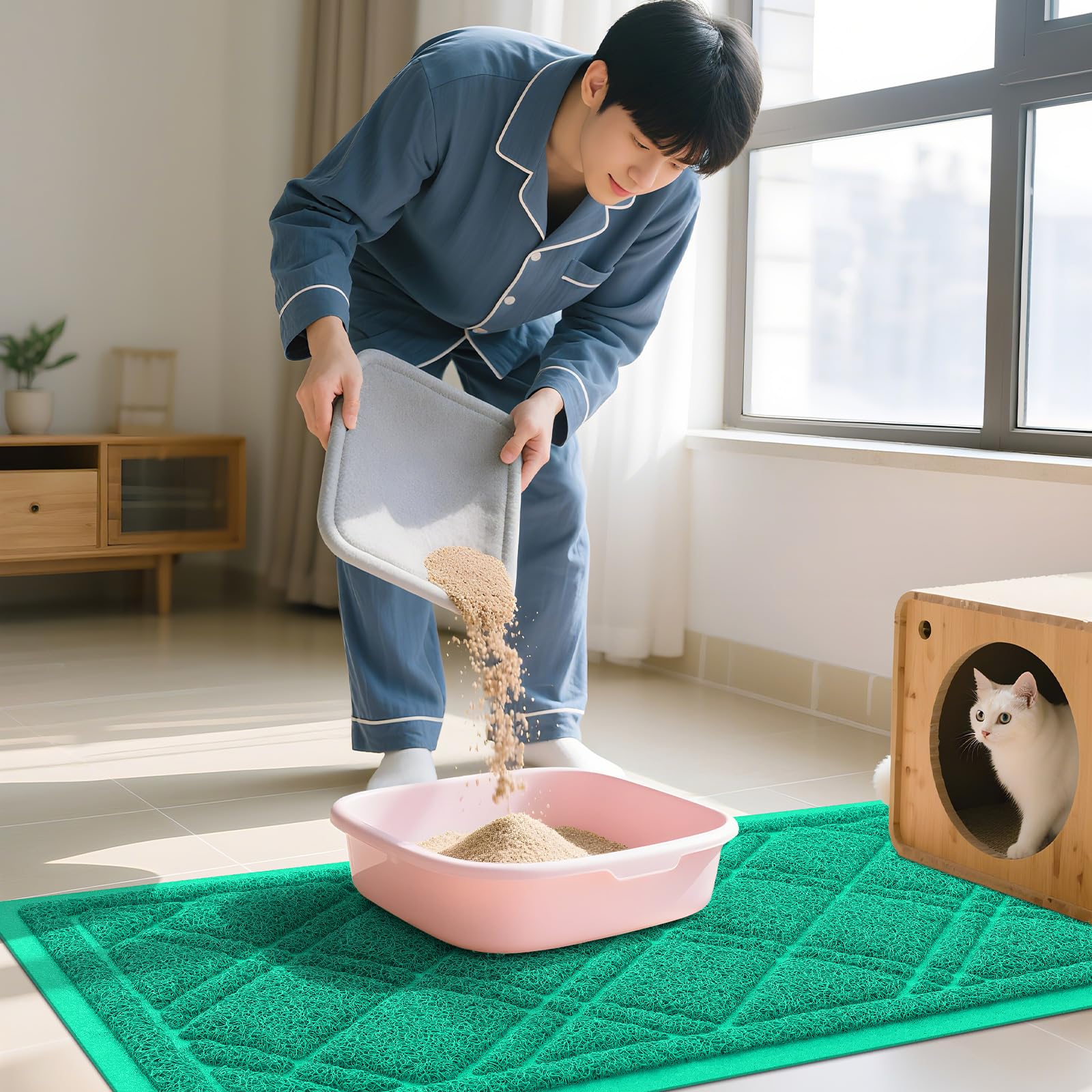 Smiry Cat Litter Box Mat 30x17, Non-Slip Water Resistant Litter Trapping Mat, Easy Clean Less Waste and Urine-Locking Cat Carpet for Indoor, Grey