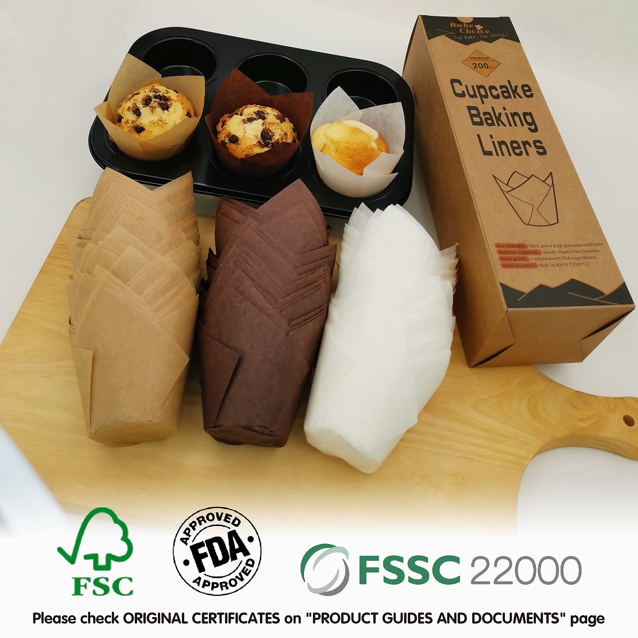 200pcs Natural Tulip Cupcake Liners for Baking Cups Unbleached European Parchment paper Tulip Muffin Liners, Cupcake Wrapper for Party, Christmas