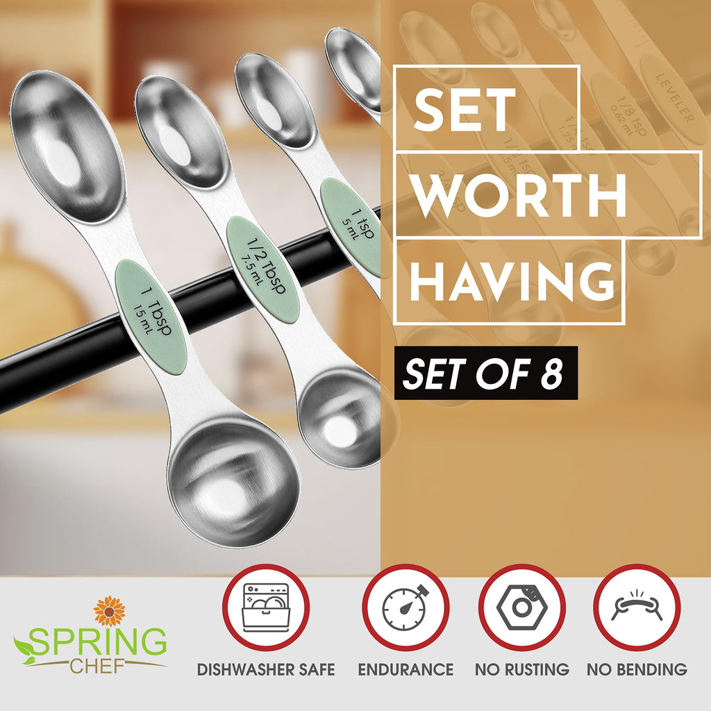 Spring Chef Stainless Steel Magnetic Measuring Spoons Set with Strong N45 Magnets, Heavy Duty Metal Kitchen Gadgets for Baking & Cooking, Fits in Most Kitchen Spice Jars, Set of 8 with Leveler, Black