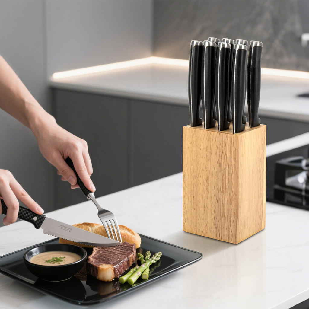8 Slots Steak Knife Block Holder, 5.5" Wooden Small Knife Block without Knives,Compact and Space Saving Storage Knife Holder for Counter Top (Natural-1)