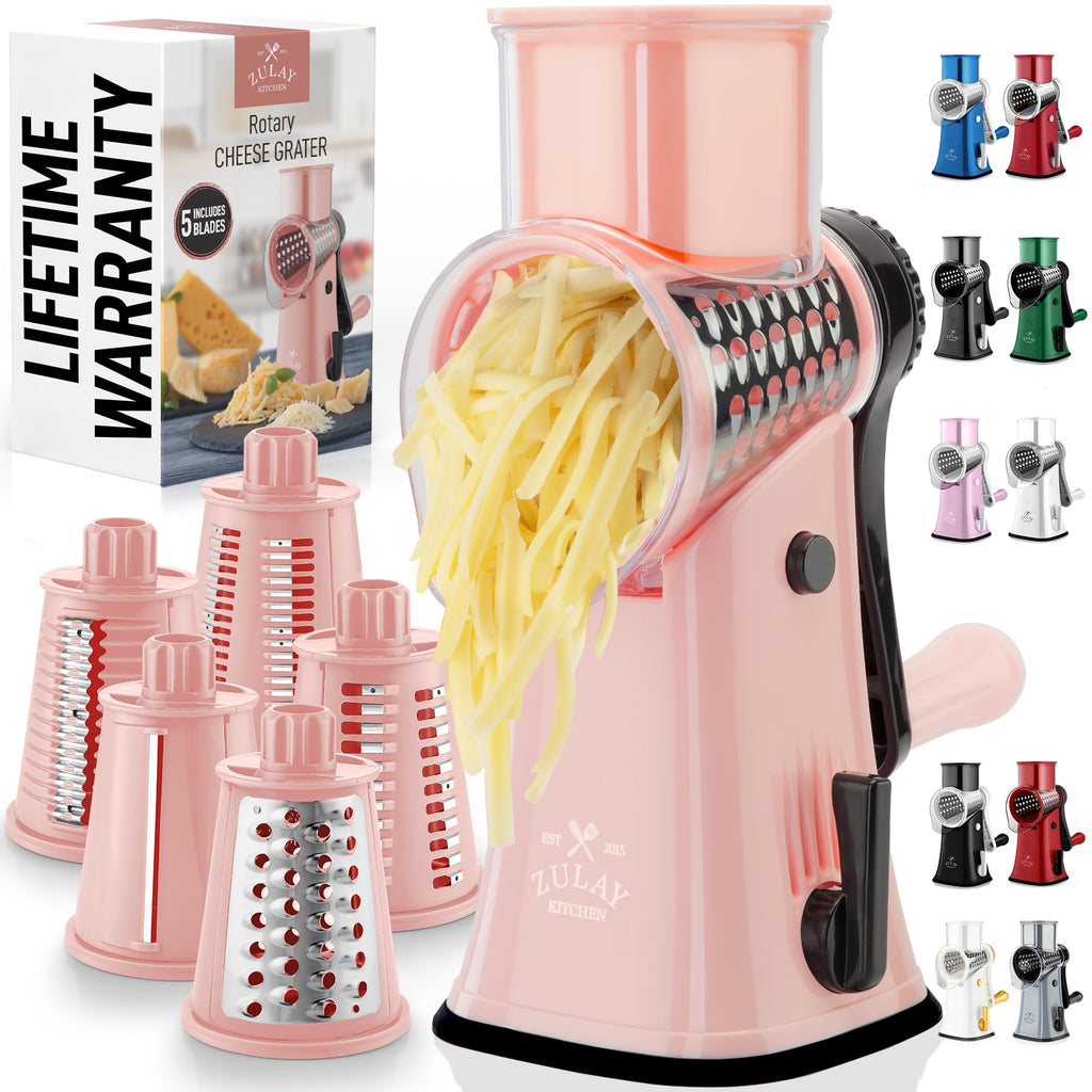 Zulay Kitchen Rotary Cheese Grater 5 Blade Cheese Shredder - Manual Hand Crank Cheese Grater With Reinforced Suction & 5 Interchangeable Drums - Easy to Use, Vegetable Chopper Round Mandoline Slicer