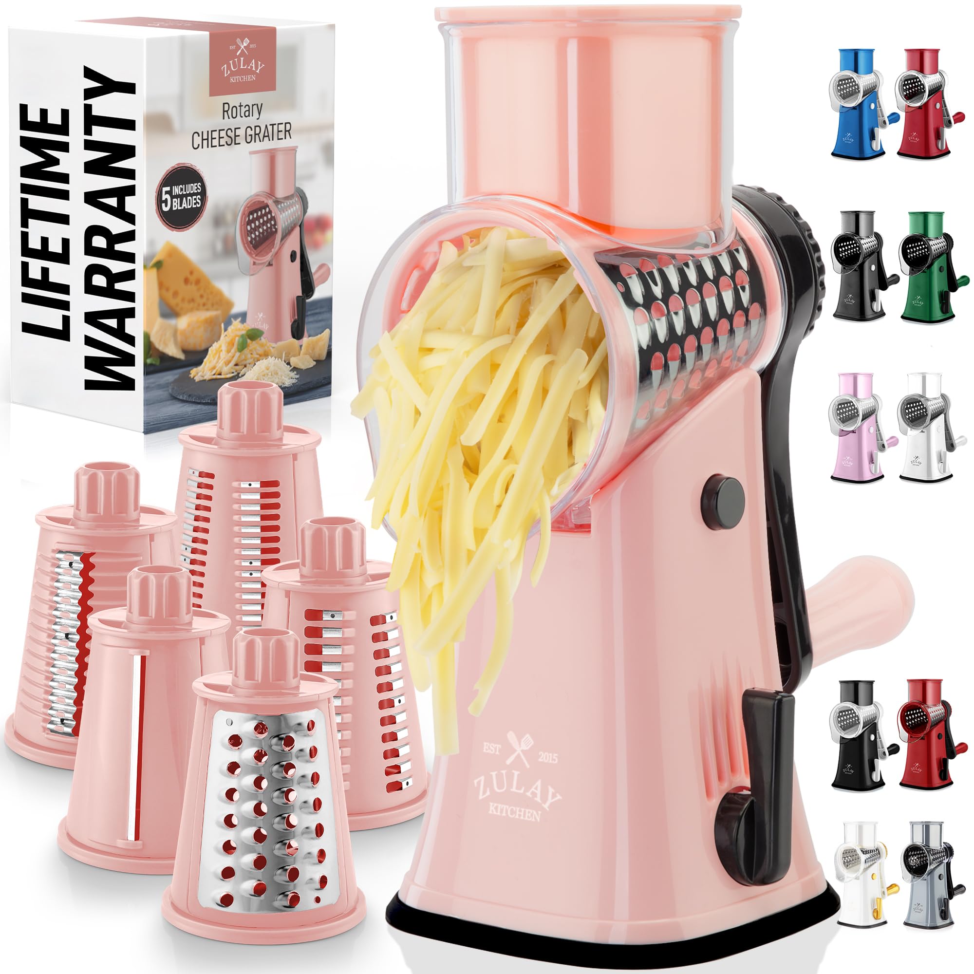 Zulay Kitchen Rotary Cheese Grater 5 Blade Cheese Shredder - Manual Hand Crank Cheese Grater With Reinforced Suction & 5 Interchangeable Drums - Easy to Use, Vegetable Chopper Round Mandoline Slicer
