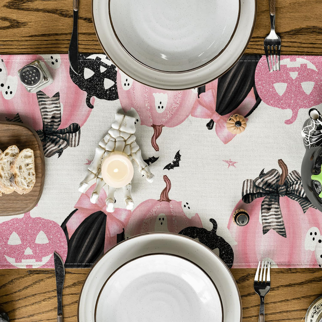 Artoid Mode Pink Jack-O-Lantern Pumpkin Bat Halloween Table Runner, Holiday Kitchen Dining Table Decoration for Indoor Outdoor Home Party Decor 13 x 72 Inch