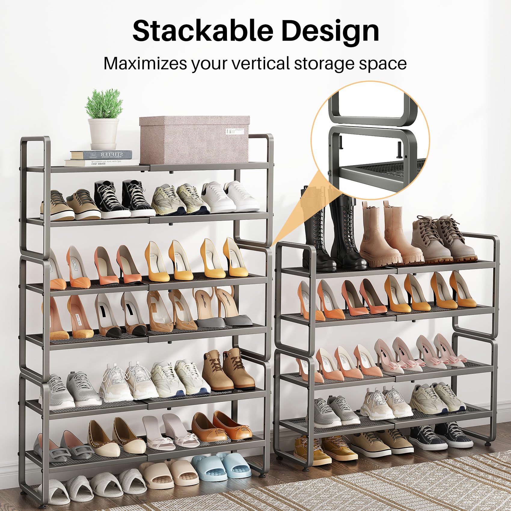 SNTD Shoe Rack - Expandable Shoe Organizer for Closet, Adjustable Metal Shoe Shelf Storage, Stackable Long Shoe Stand Holder for Garage, Entryway, Door Entrance (Black, 2-Tier)