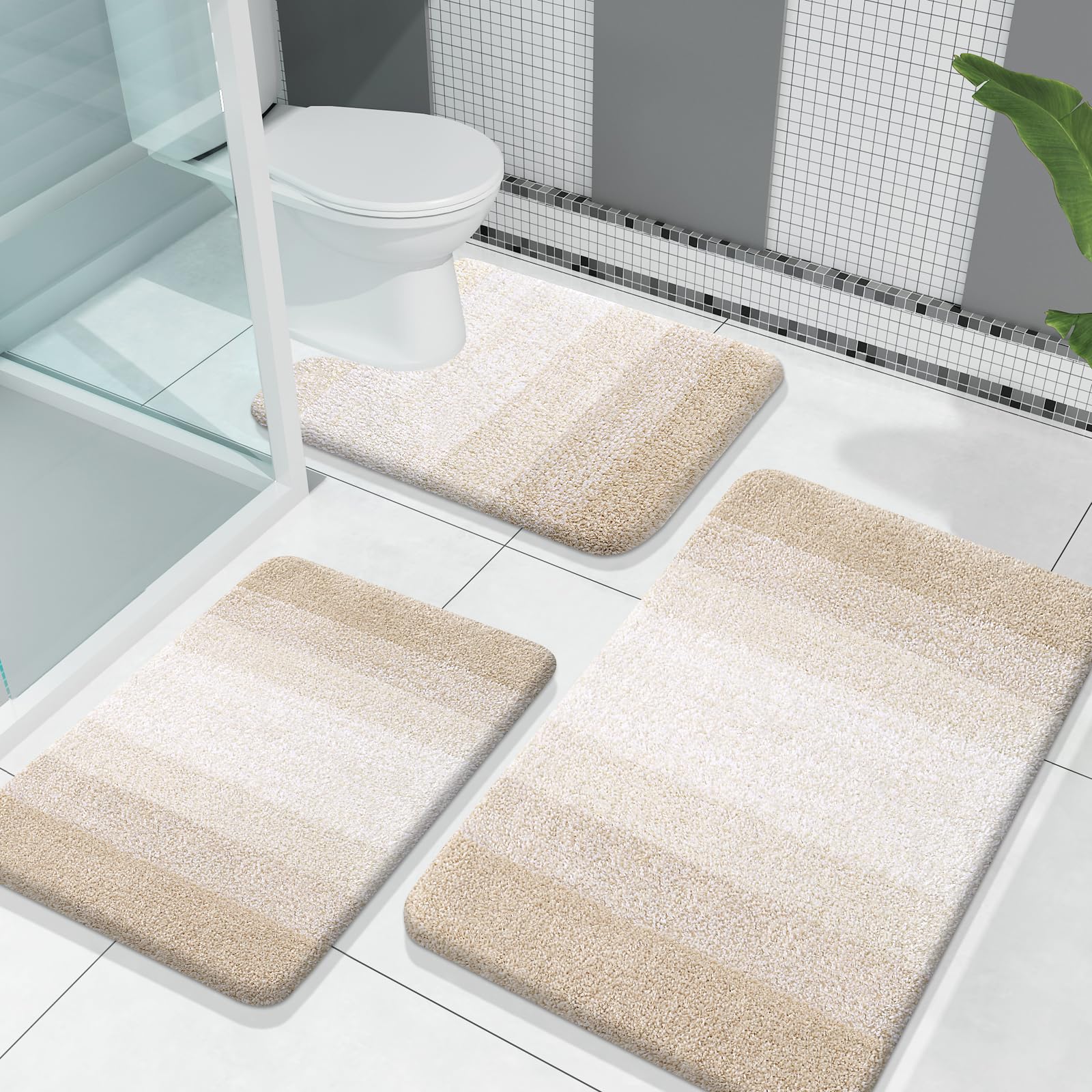 OLANLY Bathroom Rugs Sets 3 Piece, Soft Absorbent Microfiber Bath Mats and U-Shaped Contour Toilet Rug, Machine Wash Dry, Plush Shaggy Bath Mat Set for Bathroom (30"x20"+24"x16"+24"x20", Grey)