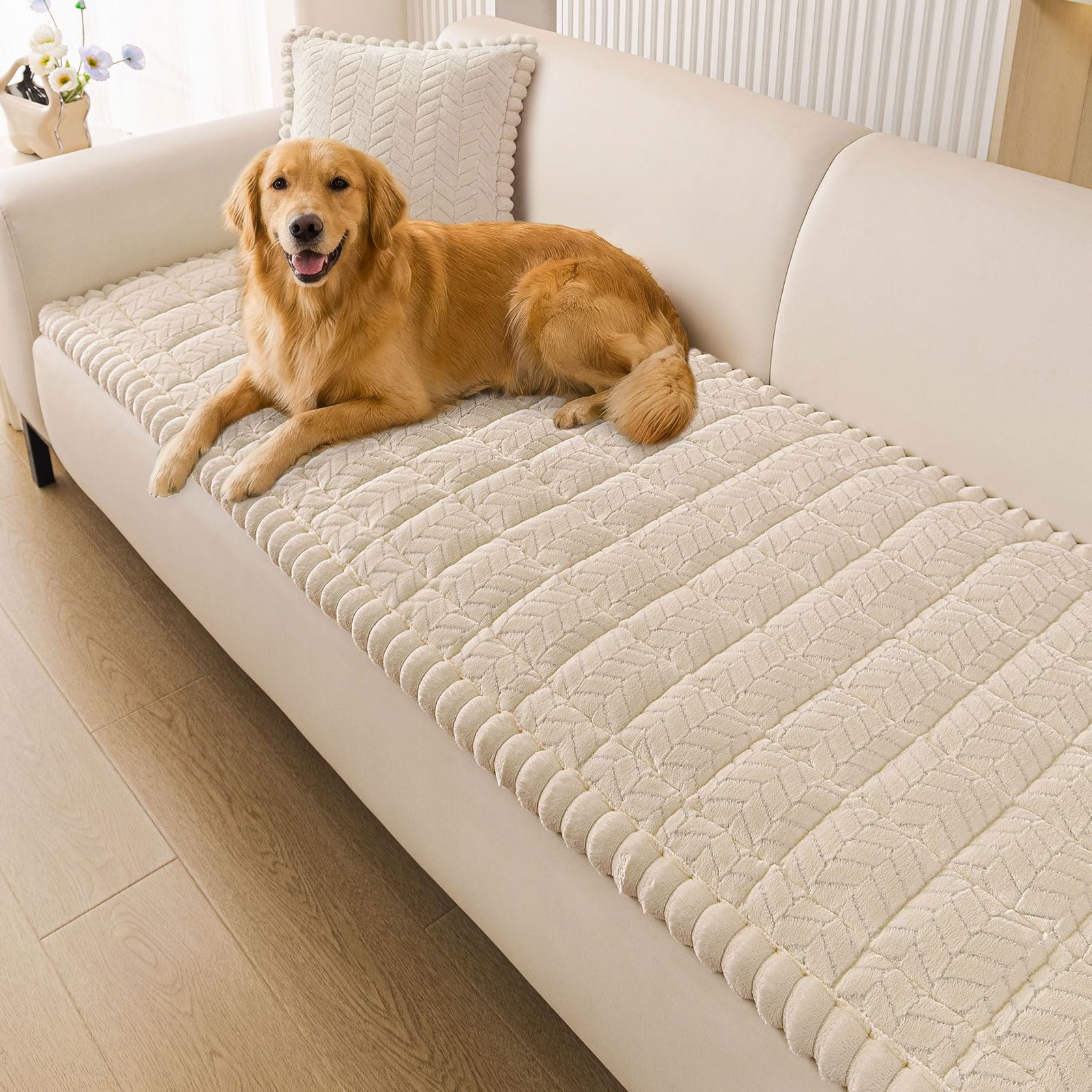 Smiry Non Slip Couch Covers for Dogs, Fuzzy Pet Couch Covers for 2-3 Cushion Sofa Pet Friendly, Soft Sofa Slipcovers Cushion Furniture Protector Washable (Beige, 27.6" x 59")