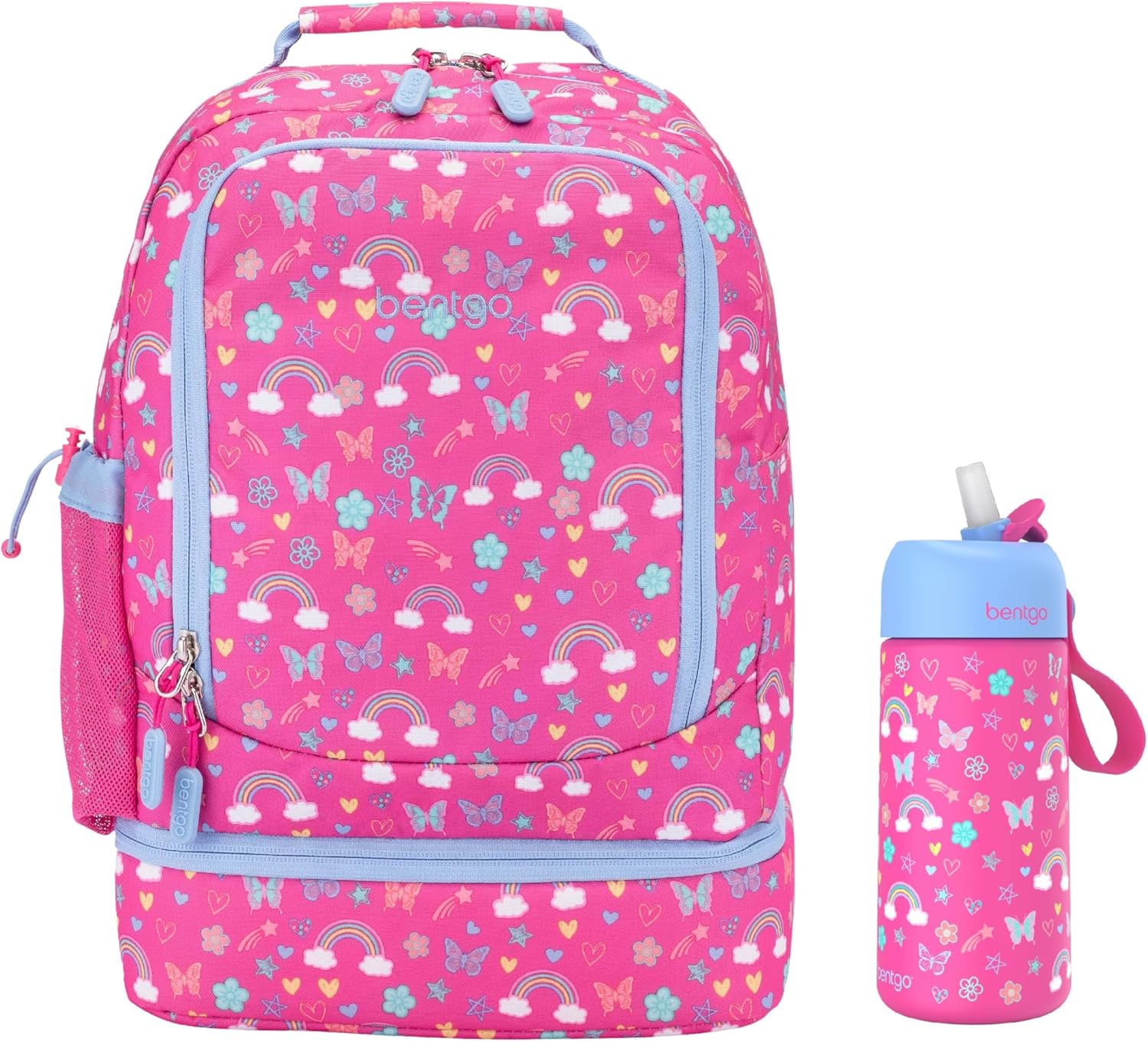 Bentgo 2-in-1 Backpack & Insulated Lunch Bag Set With Stainless Steel Water Bottle (Rainbows & Butterflies)