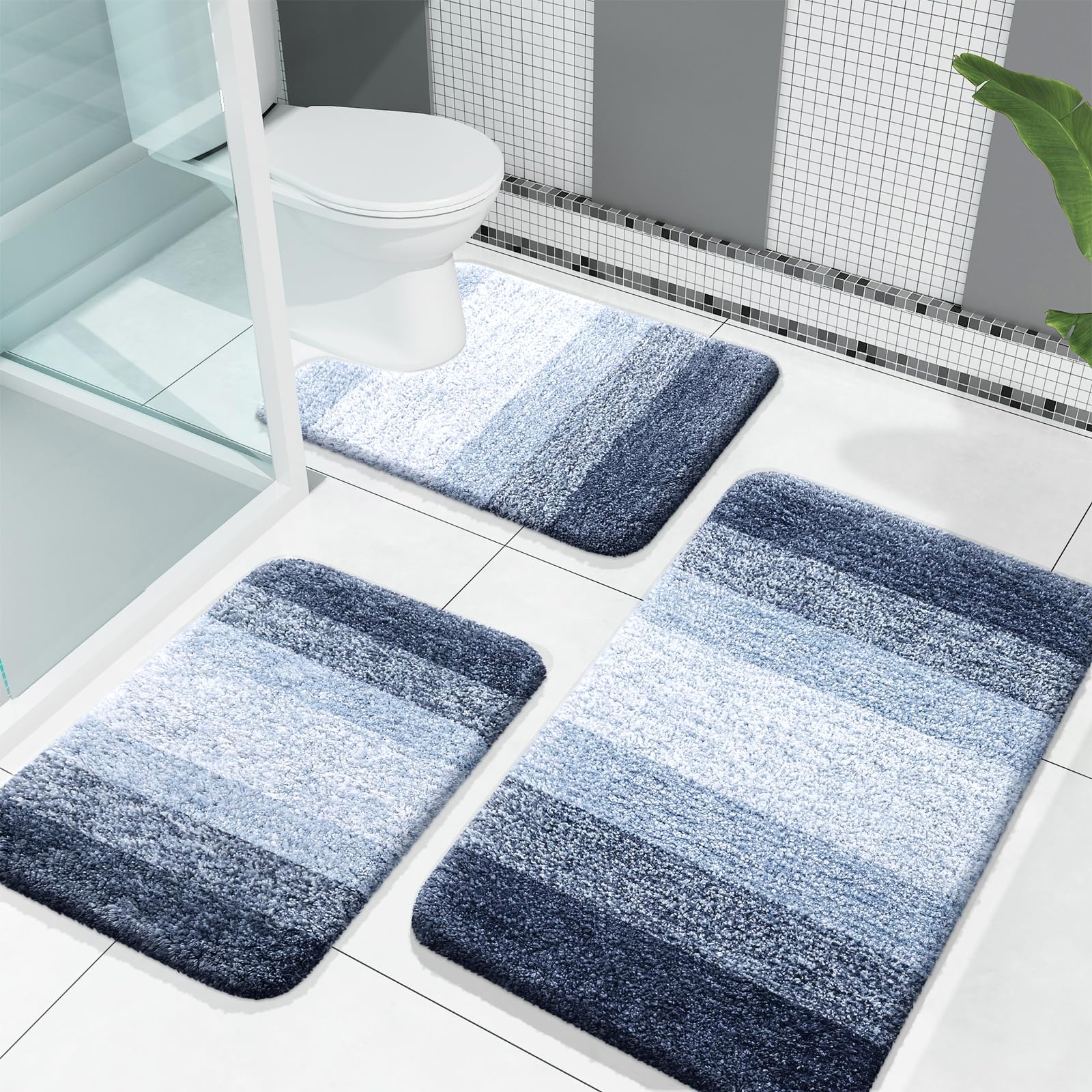 OLANLY Bathroom Rugs Sets 3 Piece, Soft Absorbent Microfiber Bath Mats and U-Shaped Contour Toilet Rug, Machine Wash Dry, Plush Shaggy Bath Mat Set for Bathroom (30"x20"+24"x16"+24"x20", Grey)