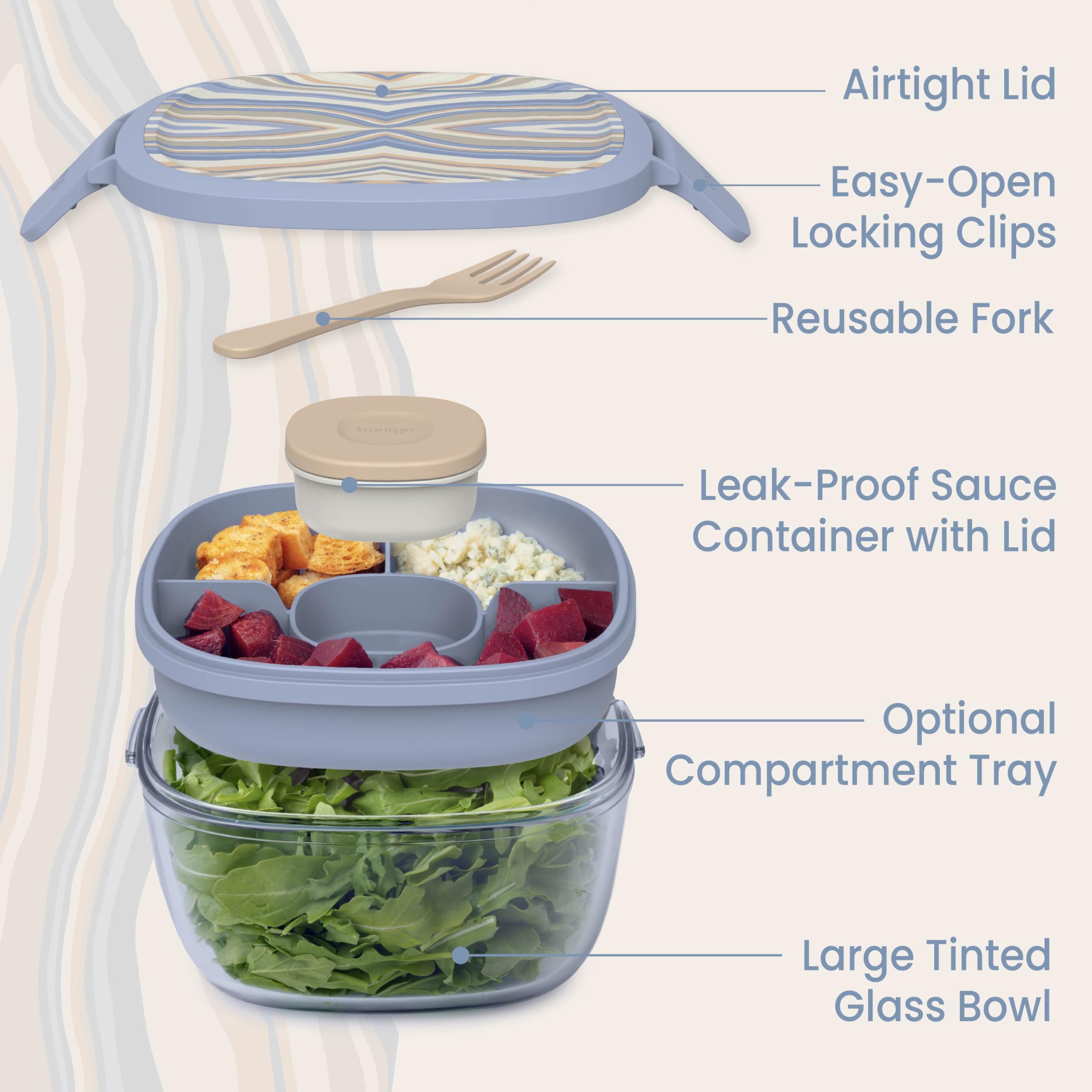 Bentgo Glass Salad Container - 7.6-Cup Salad Bowl with Airtight Lid, Leak-Proof Sauce Container, 4-Compartment Bento Tray & Reusable Fork - BPA-Free for Meal Prep, Office & More (Lavender)