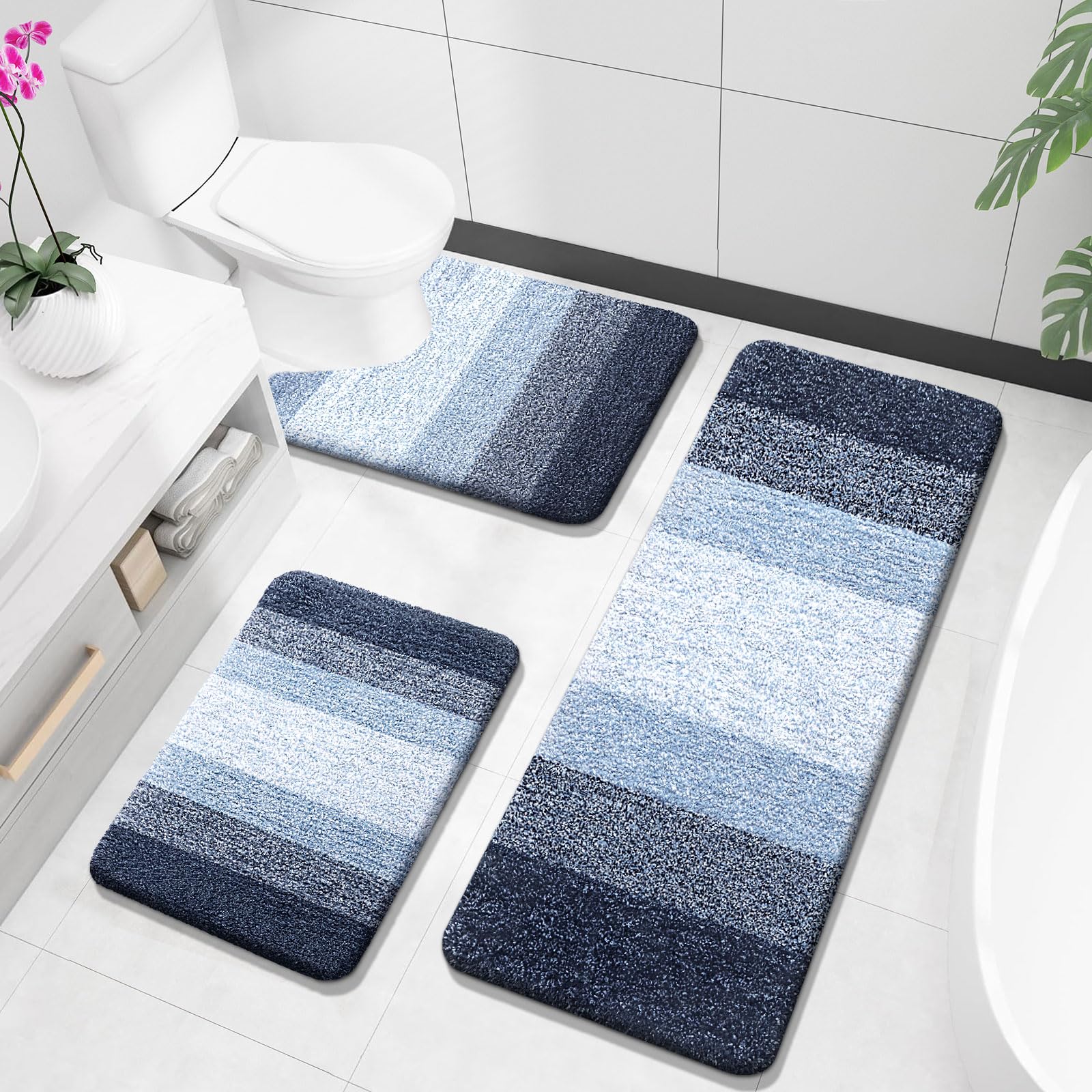 OLANLY Bathroom Rugs Sets 3 Piece, Soft Absorbent Microfiber Bath Mats and U-Shaped Contour Toilet Rug, Machine Wash Dry, Plush Shaggy Bath Mat Set for Bathroom (30"x20"+24"x16"+24"x20", Grey)