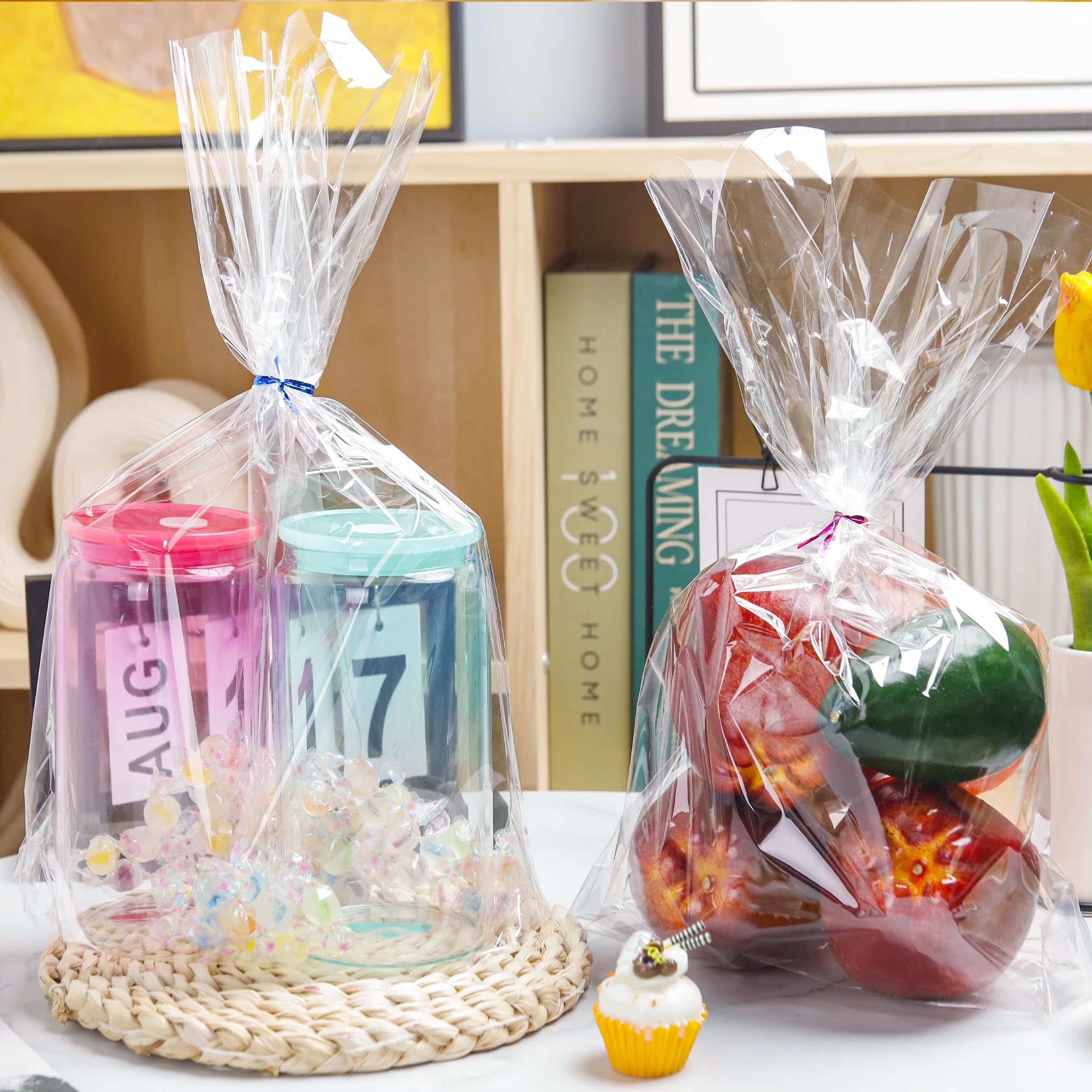 NPLUX 100 Pack Cellophane Bags Clear Flat Bottom Cellophane Treat Bags Gusseted with 100 Pack Twist Ties for Candy Popcorn Cookie Small Gift Wrapping(6×9×2.4 Inches)