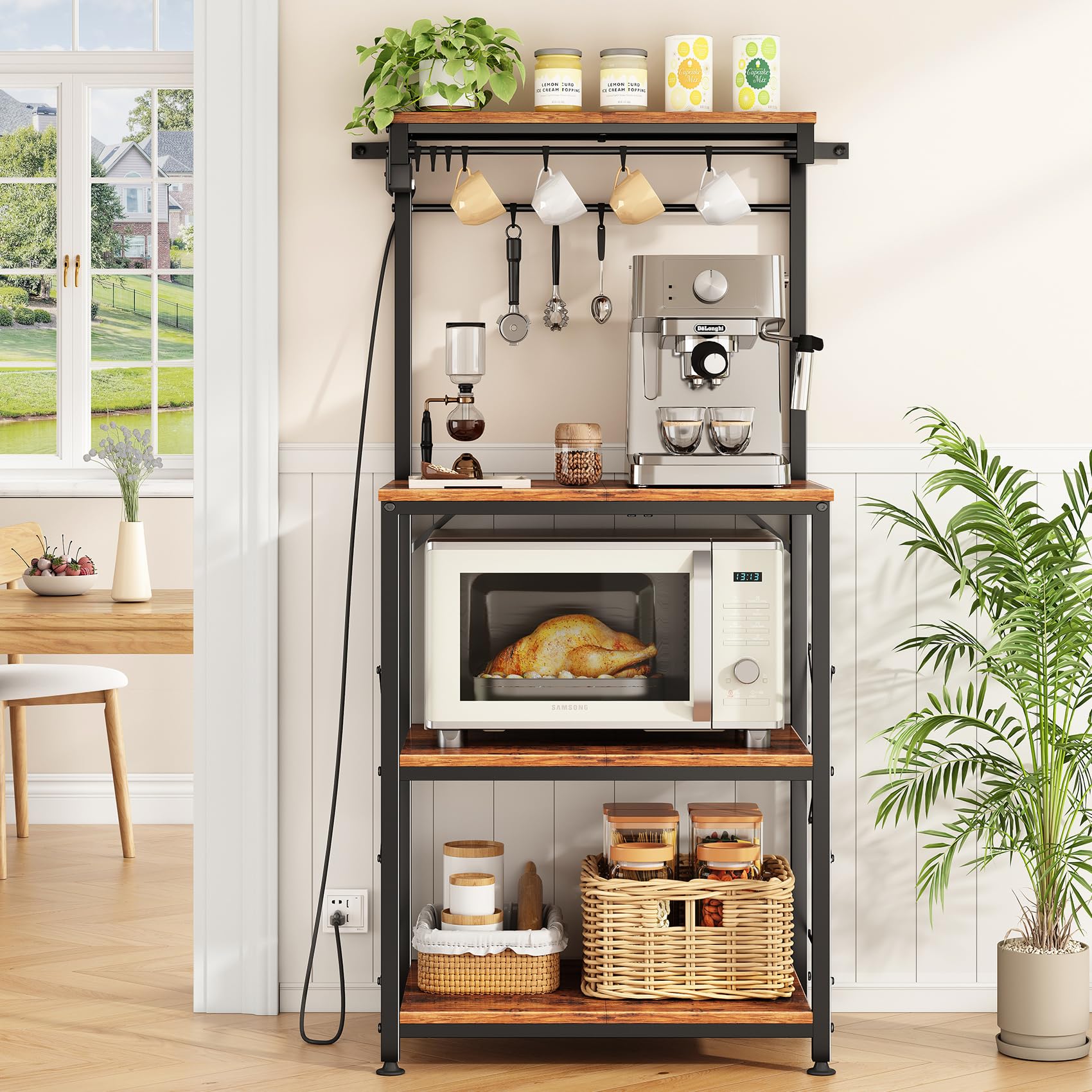 SNTD Bakers Rack with Power Outlet, Kitchen Shelves Microwave Stand with Wire Grid and 10 Hooks, 4 Tiers Coffee Stand (Rustic Brown, 23.5 x 15.6 x 52.8 Inches)