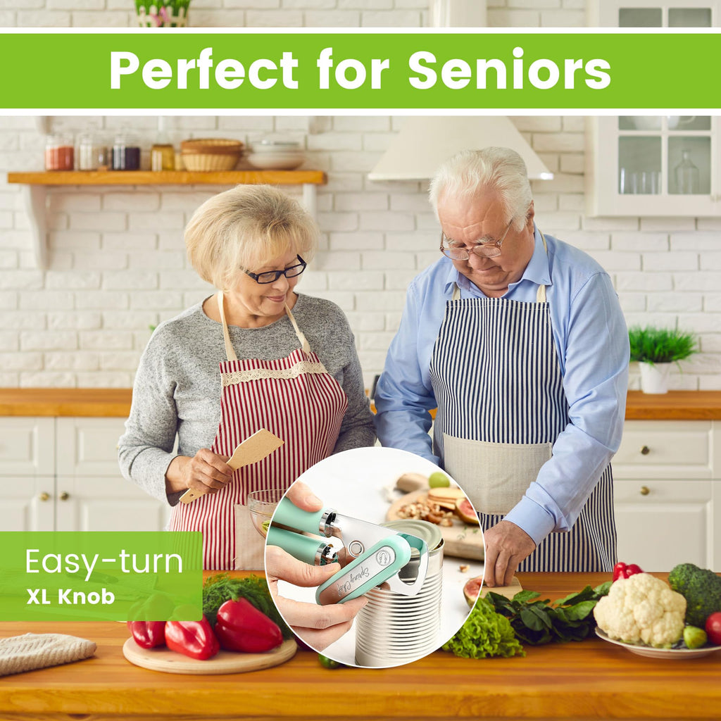 Spring Chef Stainless Steel Can Opener - Manual with Soft Grip Handles, Easy Turn, Heavy Duty Hand Can Openers for Seniors with Smooth Edge - Magnetic Lid Remover - Black