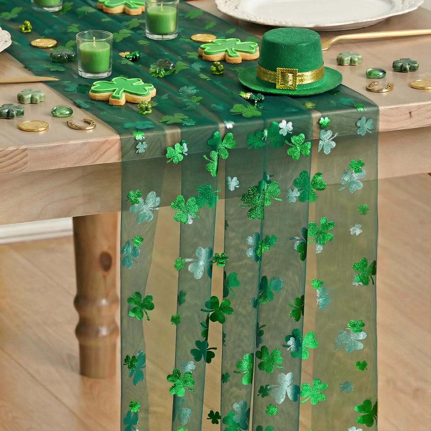 Artoid Mode Gauze Green Shamrocks St.Patrick's Day Table Runner 120 Inch 10FT,Seasonal Sheer Dining Holiday Baby Shower Table Decor for Home Party