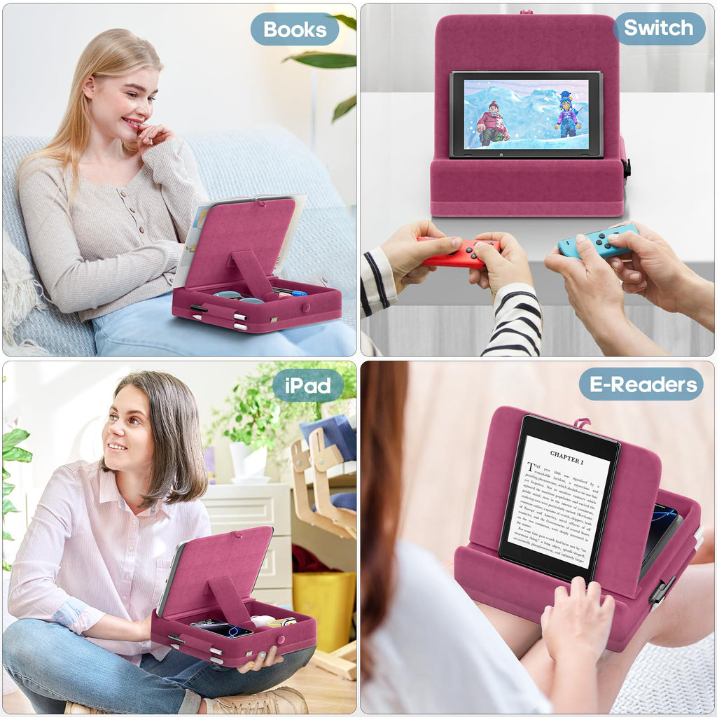 KDD Tablet Pillow Stand with Storage, Foldable iPad Holder for Bed, Lap and Desk, Angle Adjustable Soft Pad Dock with Stylus Mount Compatible with Ipad Pro 12.9, 10.5, 11, Air, Mini, Phones, Books
