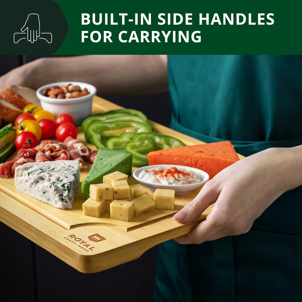 ROYAL CRAFT WOOD Organic Bamboo Cutting Board with Juice Groove - Kitchen Chopping Board for Meat (Butcher Block) Cheese and Vegetables