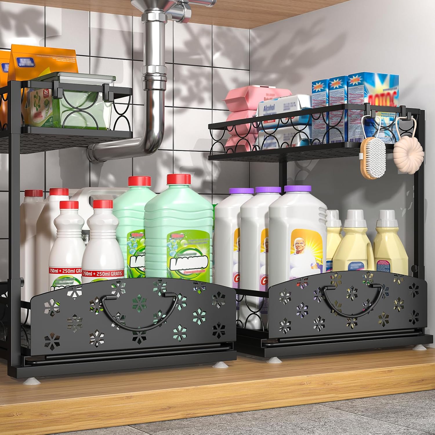 2 Packs Under Sink Organizer, High Adjustable 2 Tier Under Kitchen sink organizer, Multi-Purpose Storage Shelf for Kitchen Bathroom Cabinet, Black (Black02)