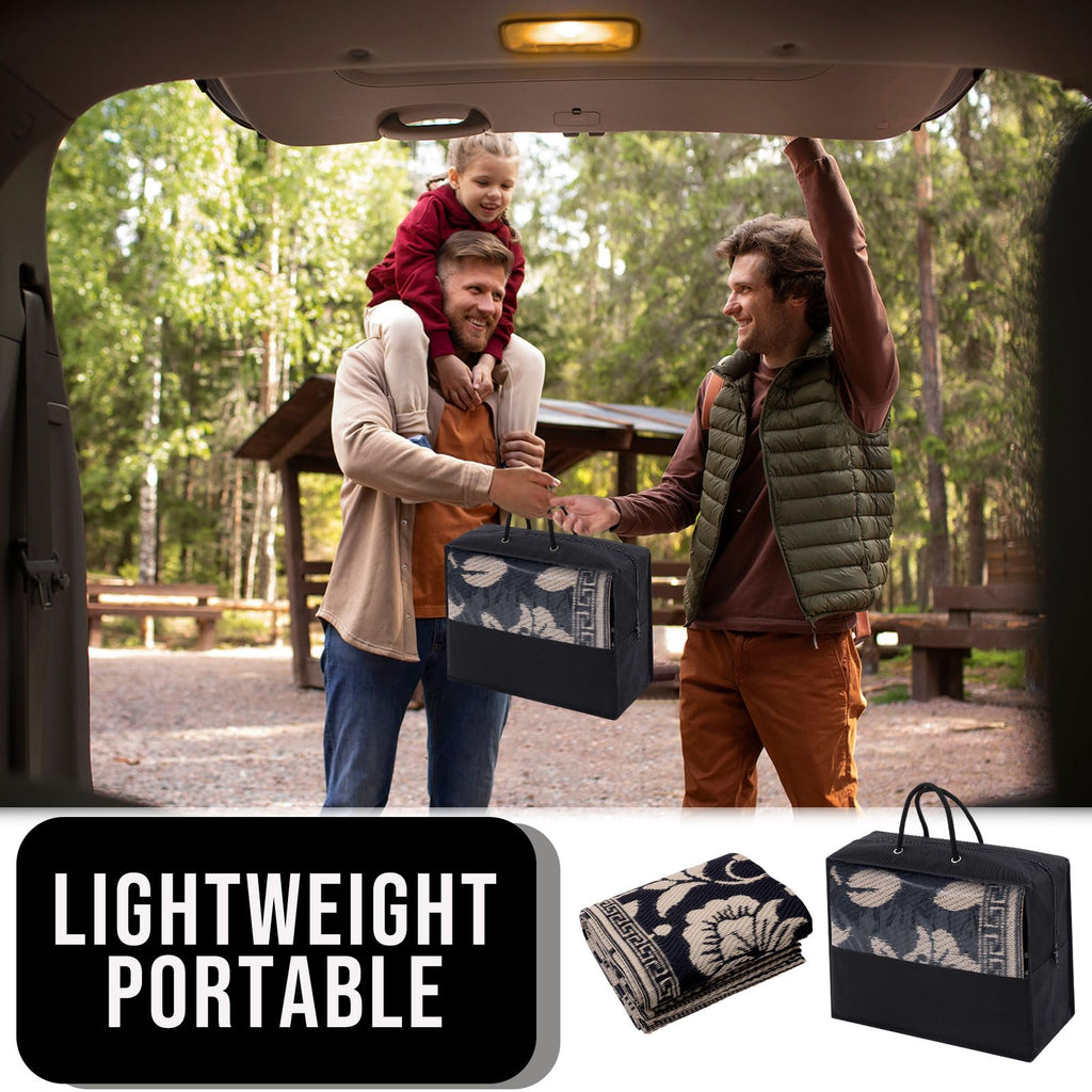 OLANLY Waterproof Outdoor Rug 5x8 ft, Outdoor Plastic Straw Rug with Flower Pattern, Reversible RV Mat for Patio, Camping, Balcony, Deck, Backyard, Navy & White