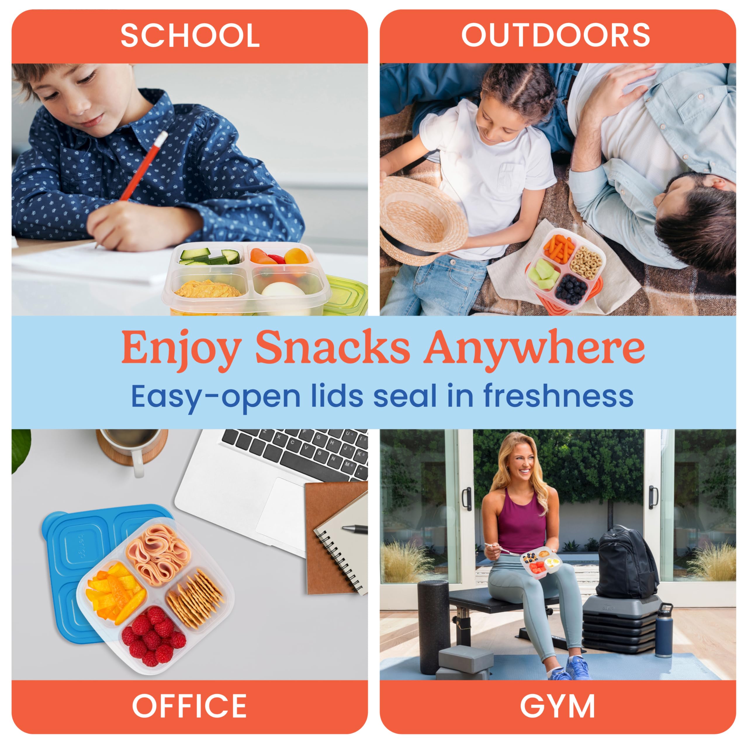 Bentgo Easyboxes 4-Compartment Snack Containers - 8-Piece Set with 4 Trays & 4 Custom-Fit Lids to Seal in Freshness - Reusable Food Storage & Meal Prep Bento BPA-Free Containers (Classic)