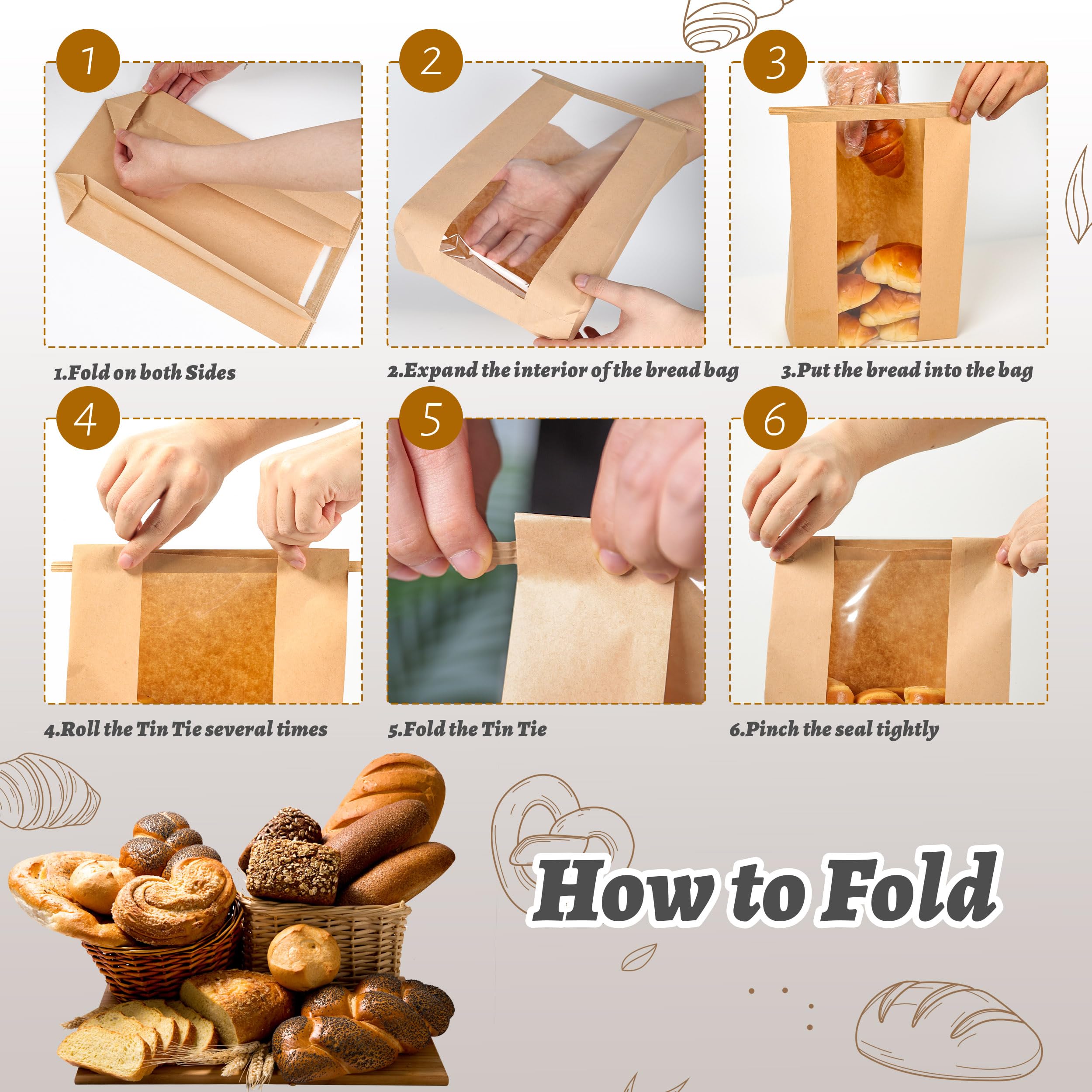 50 Pack Sourdough Bread Bags for Homemade Bread with Tin Tie Tab Lock Bakery Bags with Window kraft Bag for Toast Sandwich Cookie Snacks Packaging Storage and Gifting(8.27x13.6x3.54In)