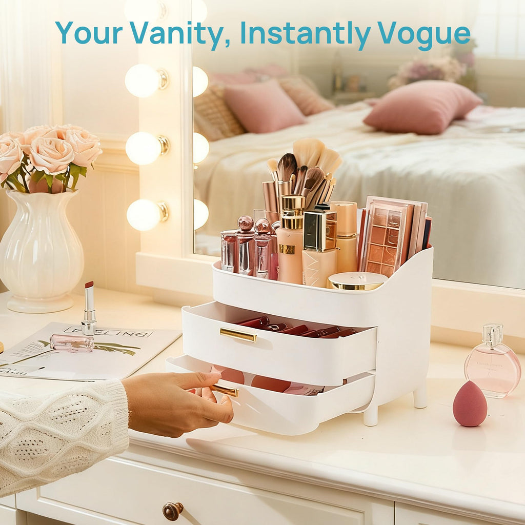 Vtopmart 3-Tier Skincare Makeup Organizer with Drawers for Vanity and Bathroom Countertop, Large Cosmetic Storage Box Case for Dresser, with Non-Slip Base