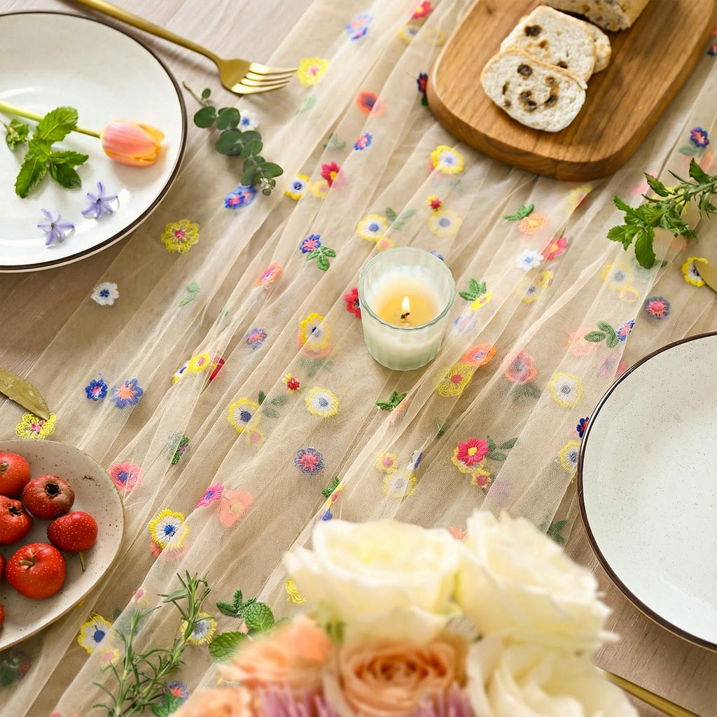 Artoid Mode Champagne Embroidery Daisy Gauze Table Runner 120 Inch 10FT, Seasonal Sheer Kitchen Dining Holiday Wedding Birthday Table Decor for Home Party