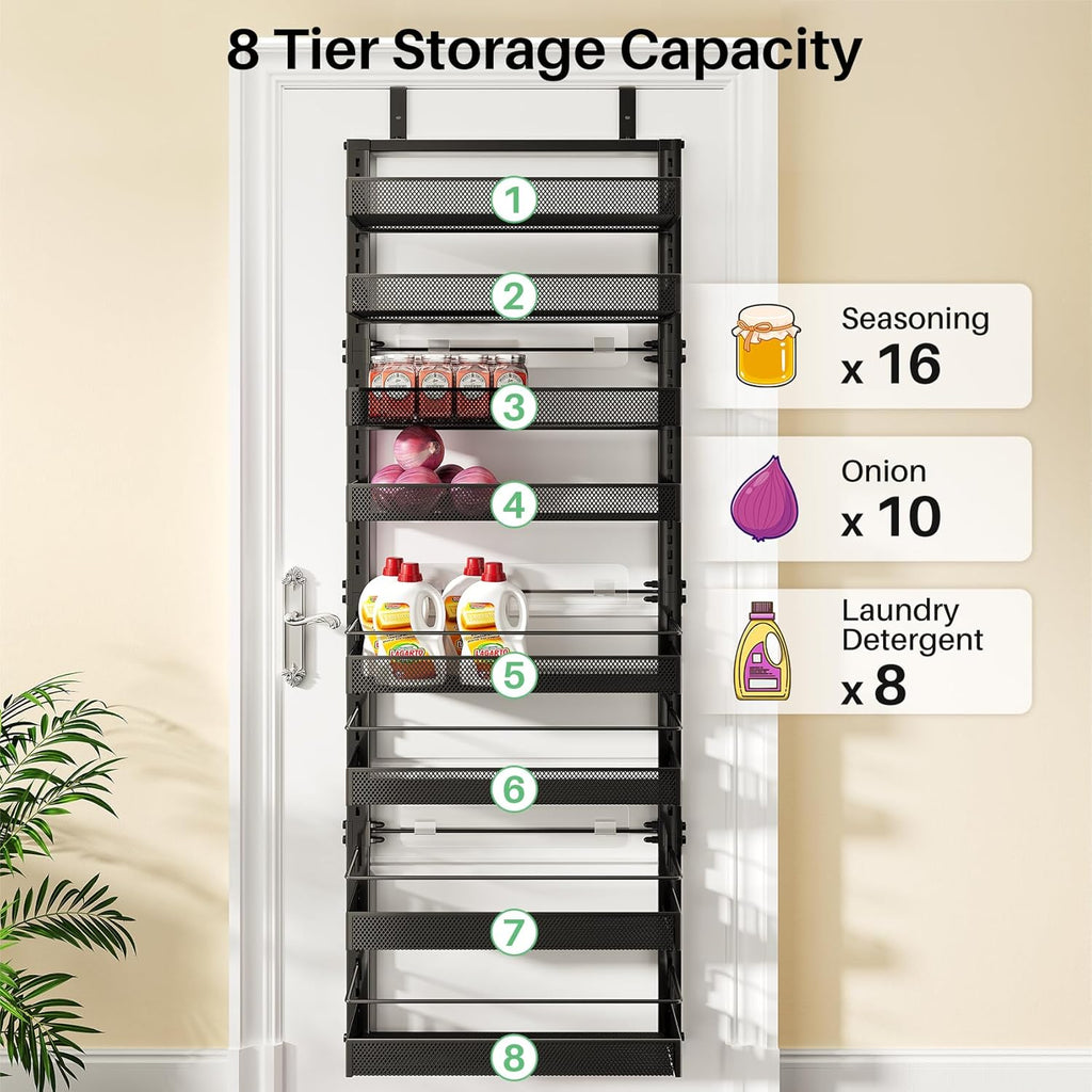 SNTD 8 Tiers Over the Door Organizer - Height Adjustable Pantry Organizers and Storage with Dense Mesh Baskets, Anti-Swing Hanging Door Spice Rack for Kitchen Bathroom (Black, 17" W x 6" D x 69" H)