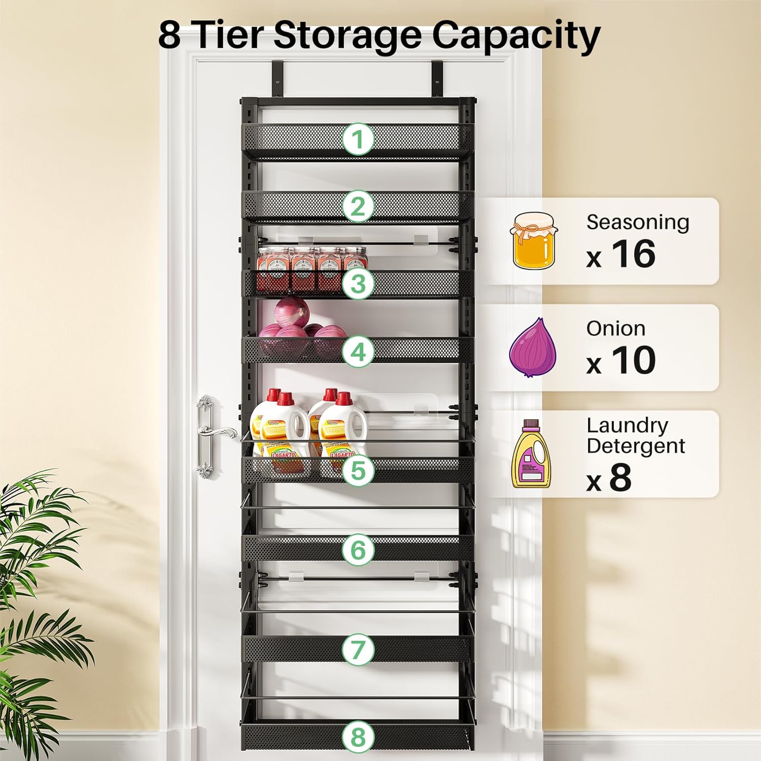 SNTD 8 Tiers Over the Door Organizer - Height Adjustable Pantry Organizers and Storage with Dense Mesh Baskets, Anti-Swing Hanging Door Spice Rack for Kitchen Bathroom (Black, 17" W x 6" D x 69" H)