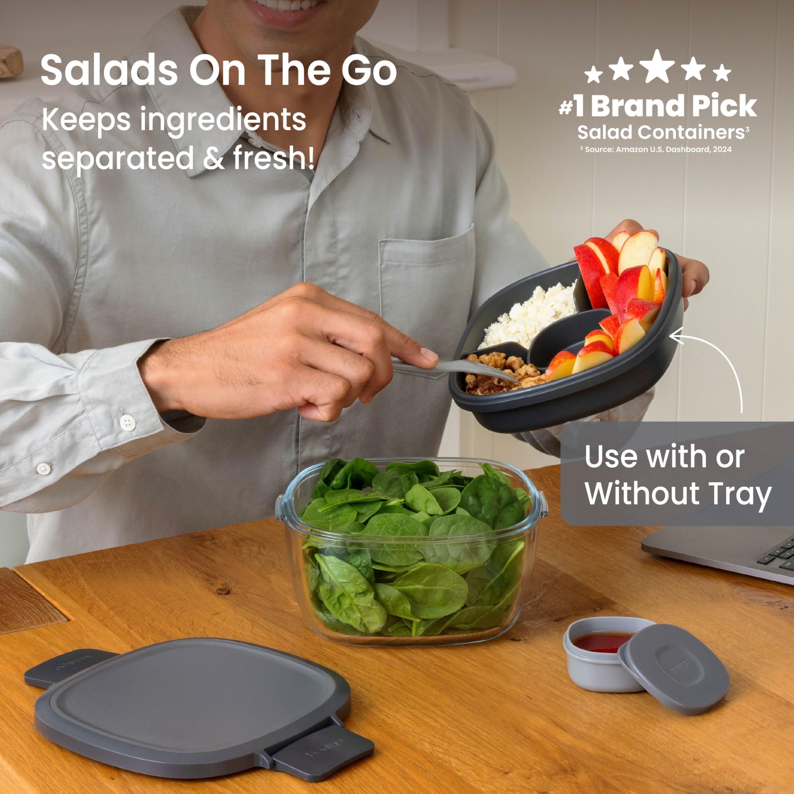 Bentgo Glass Salad Container - 7.6-Cup Salad Bowl with Airtight Lid, Leak-Proof Sauce Container, 4-Compartment Bento Tray & Reusable Fork - BPA-Free for Meal Prep, Office & More (Lavender)