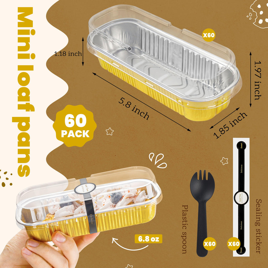 Mini Loaf Pans with Lids and Spoons Rectangular Aluminum Foil Baking Pans Mini Cheesecake Containers 6.8oz(60 Pack, Pink)