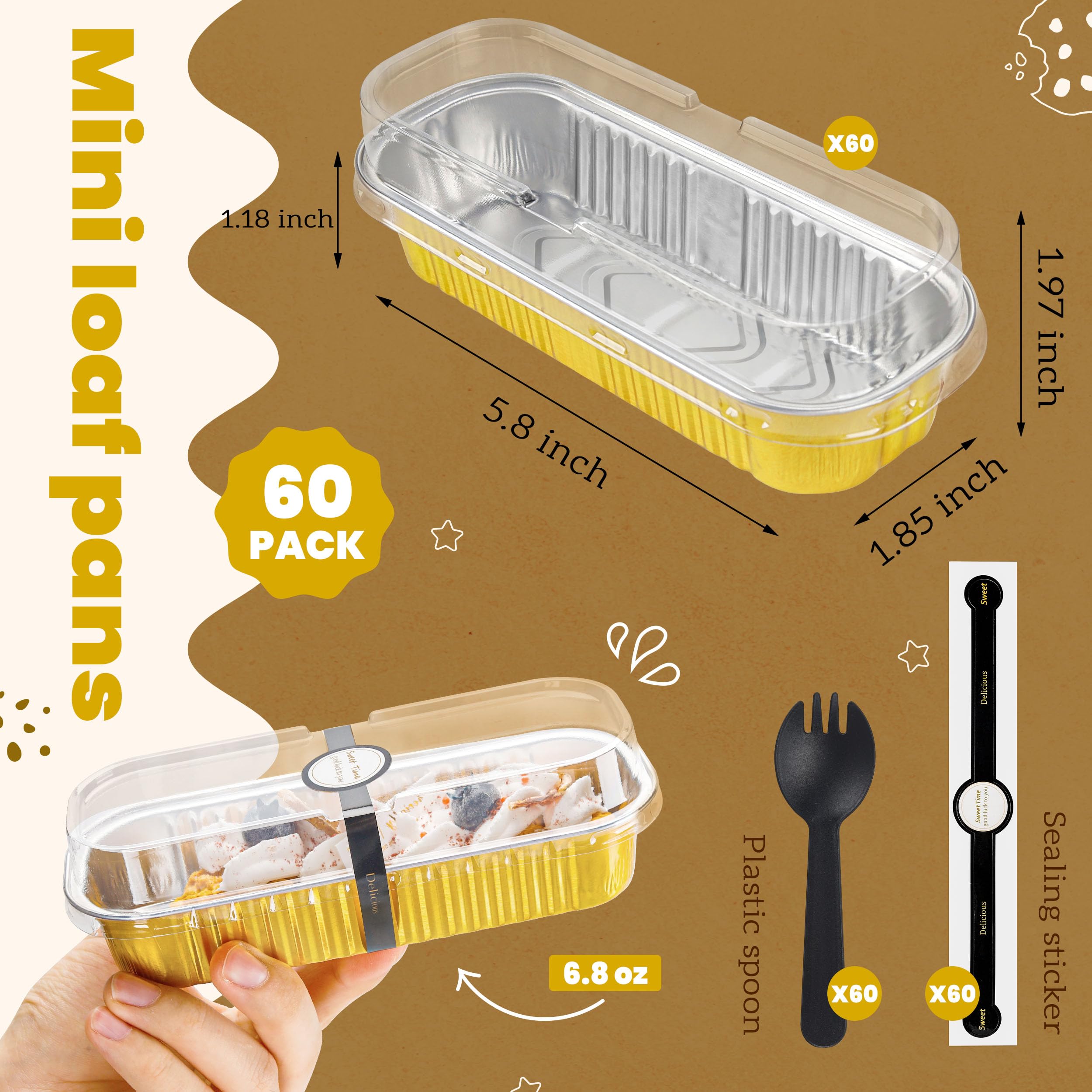 Mini Loaf Pans with Lids and Spoons Rectangular Aluminum Foil Baking Pans Mini Cheesecake Containers 6.8oz(60 Pack, Pink)